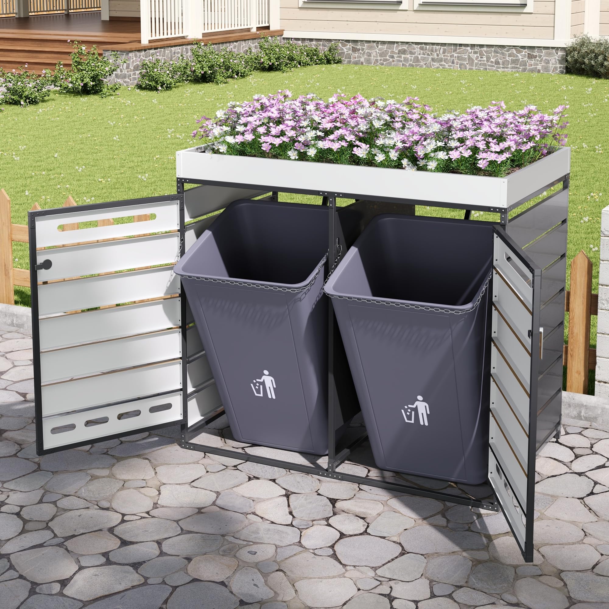 Mülltonnenbox 2er Mülltonnenverkleidung mit Pflanzkasten und Lüftungsöffnung für 2X Tonnen 120 und 240 L, Mülltonnenboxen mit Holzoptik-Leisten, Gartenmöbel Müllcontainer mit Schloss, Schwarz