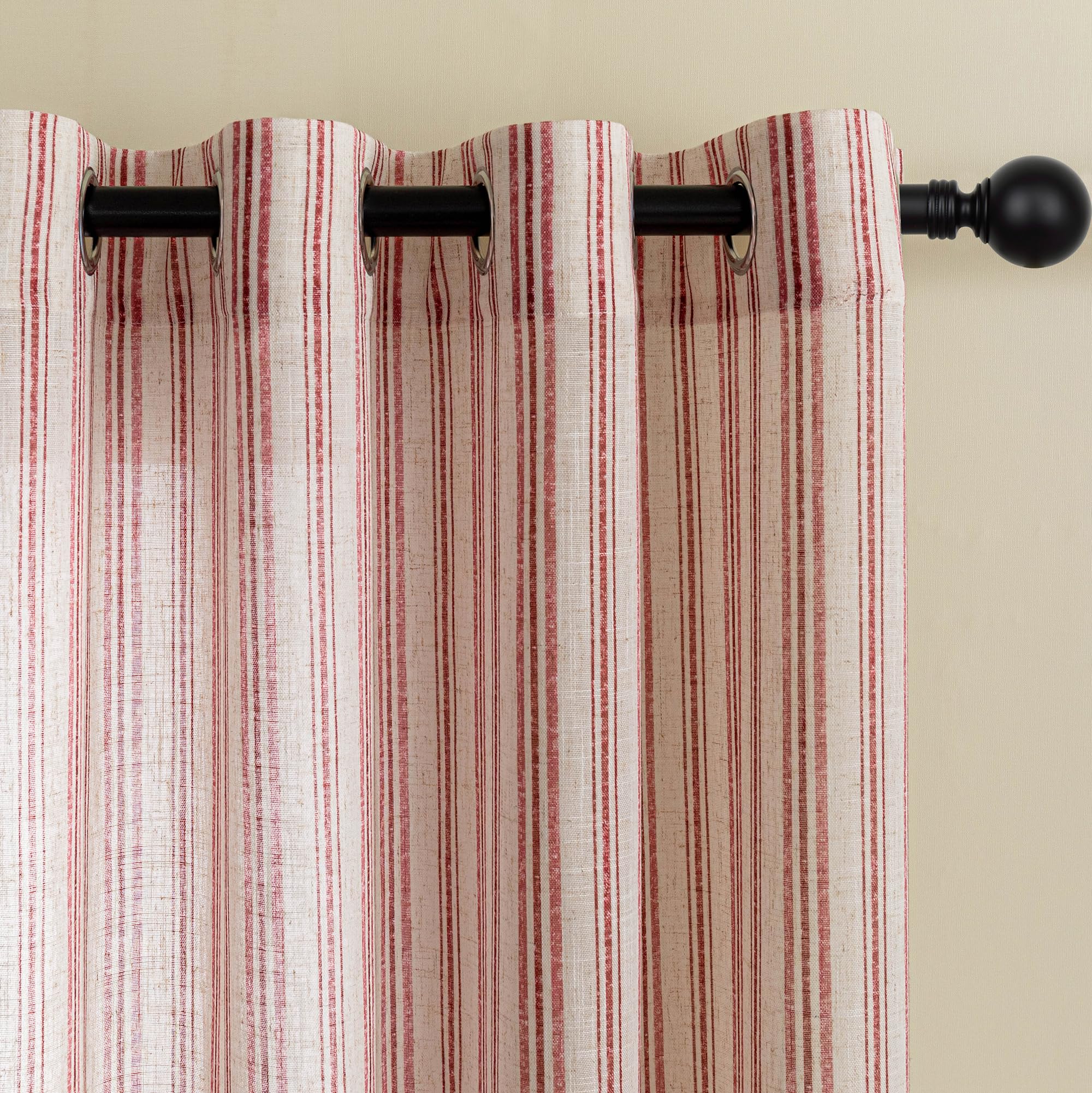 MYSKY HOME Red Striped Linen Curtains for Girls Bedroom 63 Inches 2 Panels