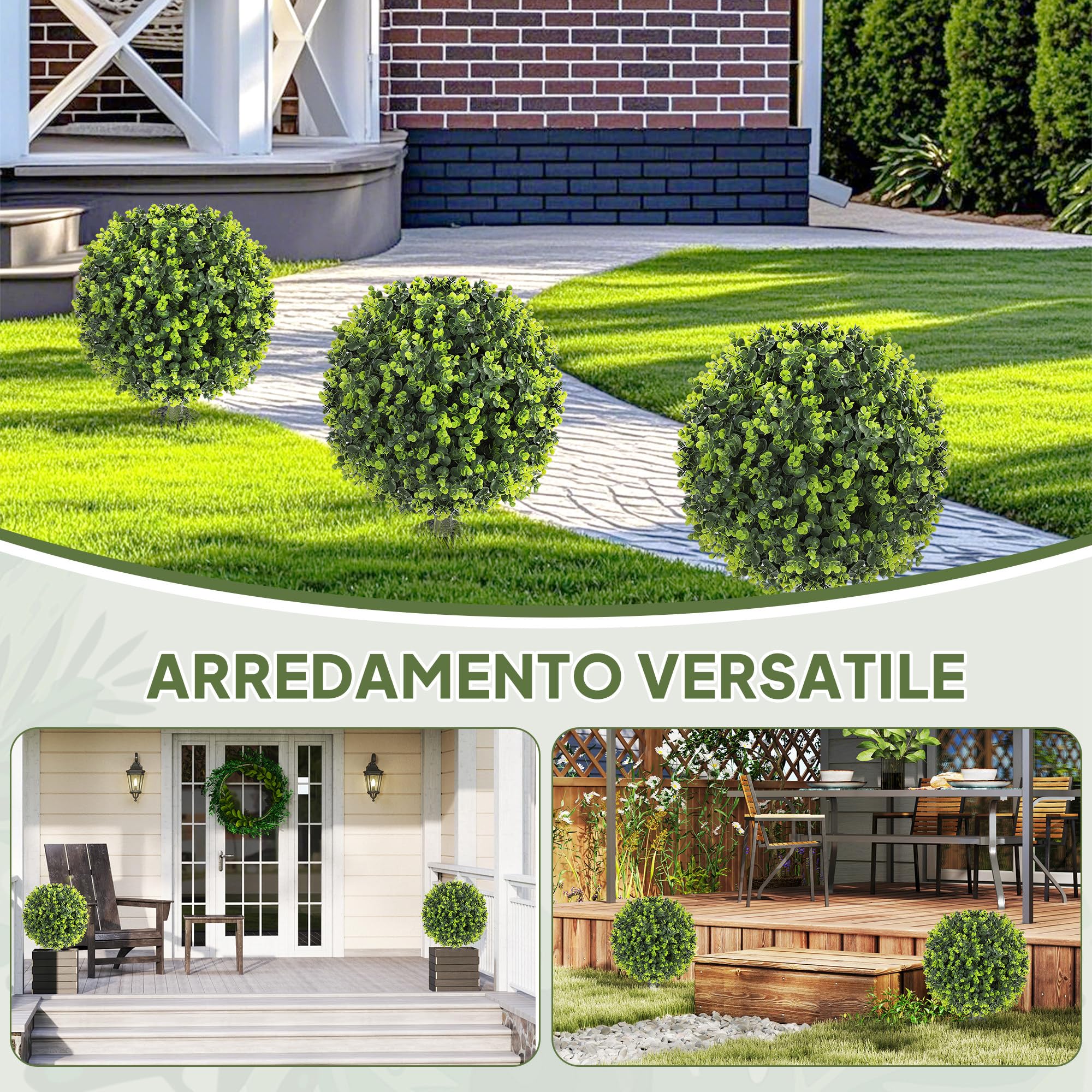 HOMCOM Set di 2 Piante Artificiali Sfera di Bosso da 40 cm con Picchetto, Piante Finti Decorativa da Interni ed Esterni, Resistenti ai Raggi UV, per Giardino e Portico, Verde