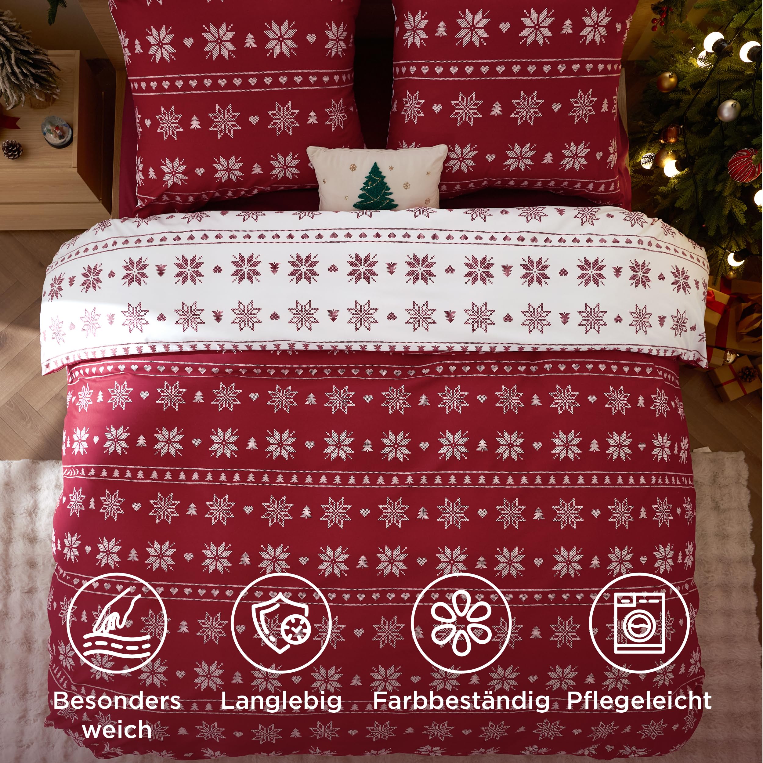 BEDSURE Pościel 135 x 200 cm, 4-częściowy zestaw pościeli bożonarodzeniowej, płatek śniegu, poszewka na kołdrę 135 x 200 cm, zestaw 2 szt., z 2 poszewkami na poduszkę 80 x 80 cm, świąteczna pościel
