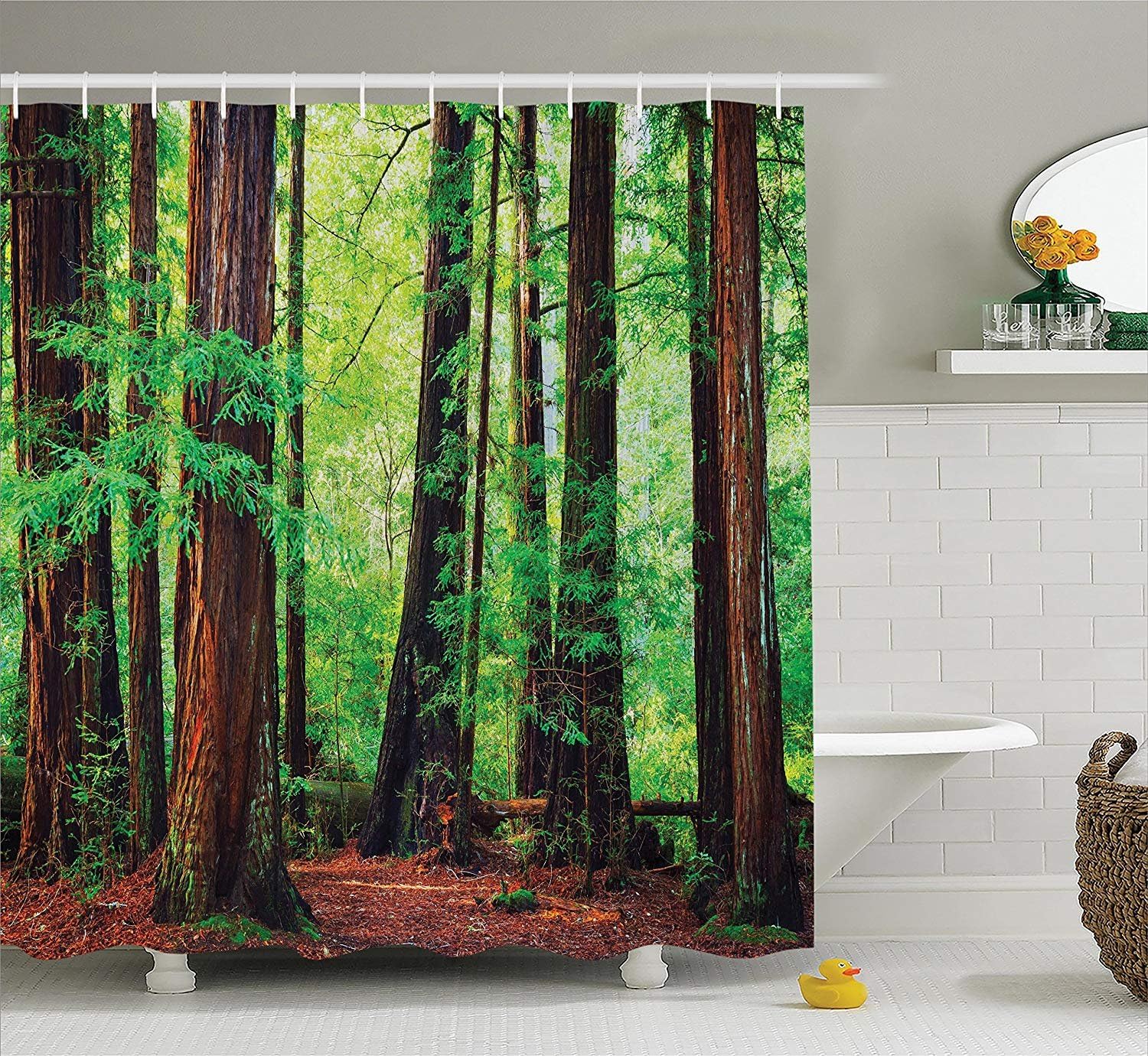 Gaakvrr Shower Curtain Green Forest Redwood Tree Nature Scenery Waterproof Bathroom Curtain Set with 12 Hooks (180x180 cm)