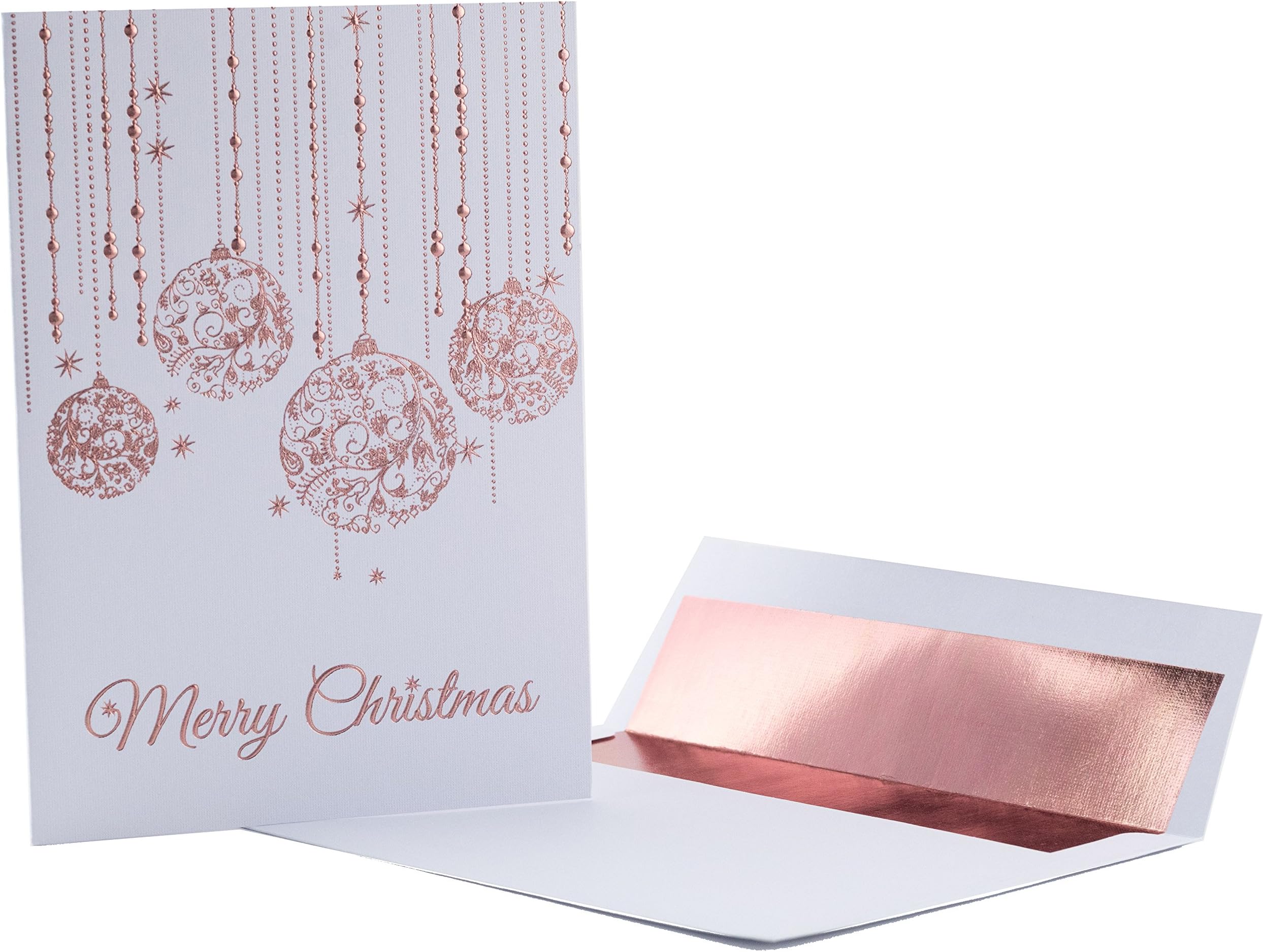 Christmas Cards - 20 Pack Premium Rose Gold Embossed Foil Filigree "Falling Ornaments" On Linen Textured Heavyweight Card Stock with Rose Gold Foil Lined Envelopes