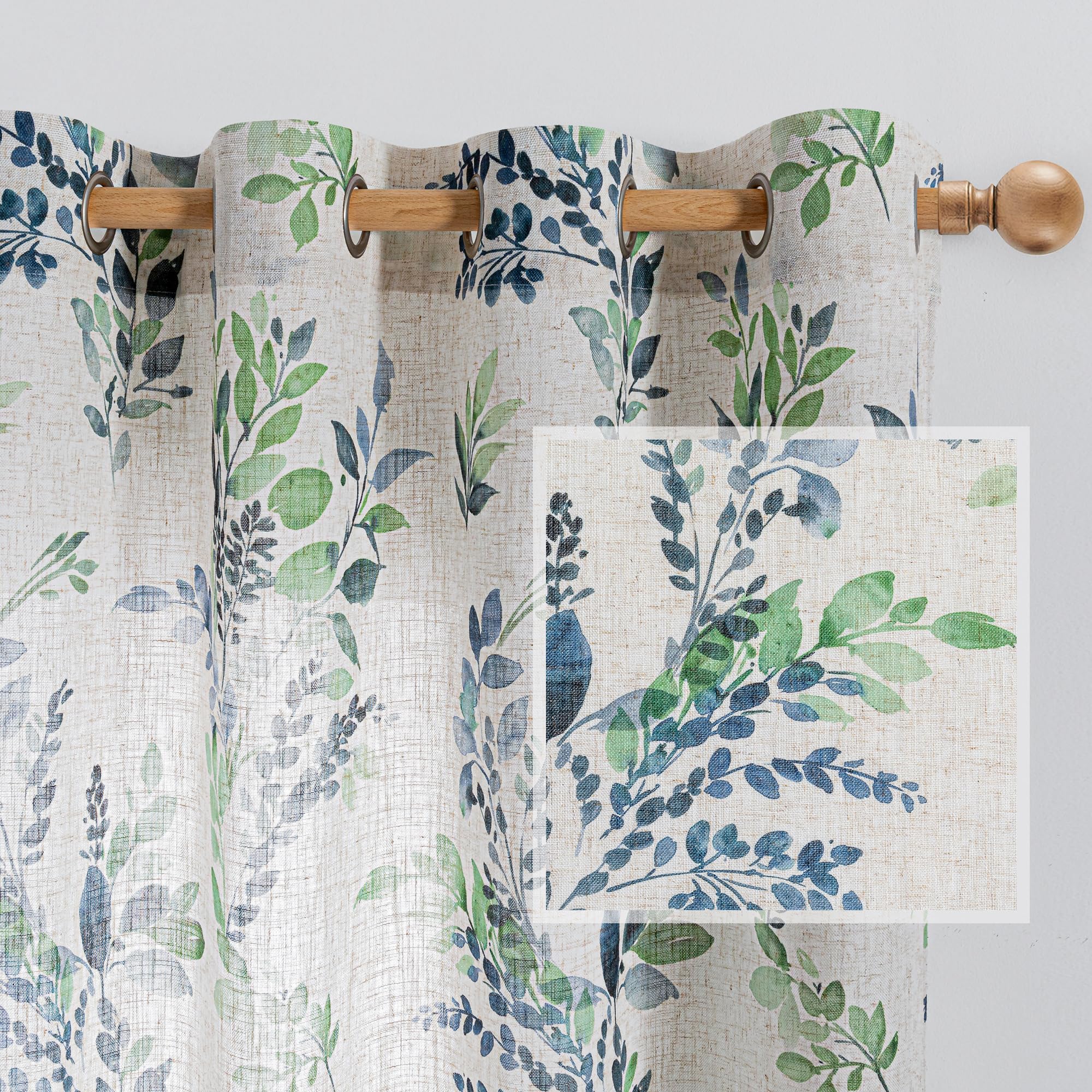 MYSKY HOME Floor to Ceiling Linen Floral Curtains 102 Inch Length 2 Panels Semi Sheer Light Filtering Farmhouse Leaf Printed Window Grommet Drapes for Dining Room, 52" W Each Panel, Green