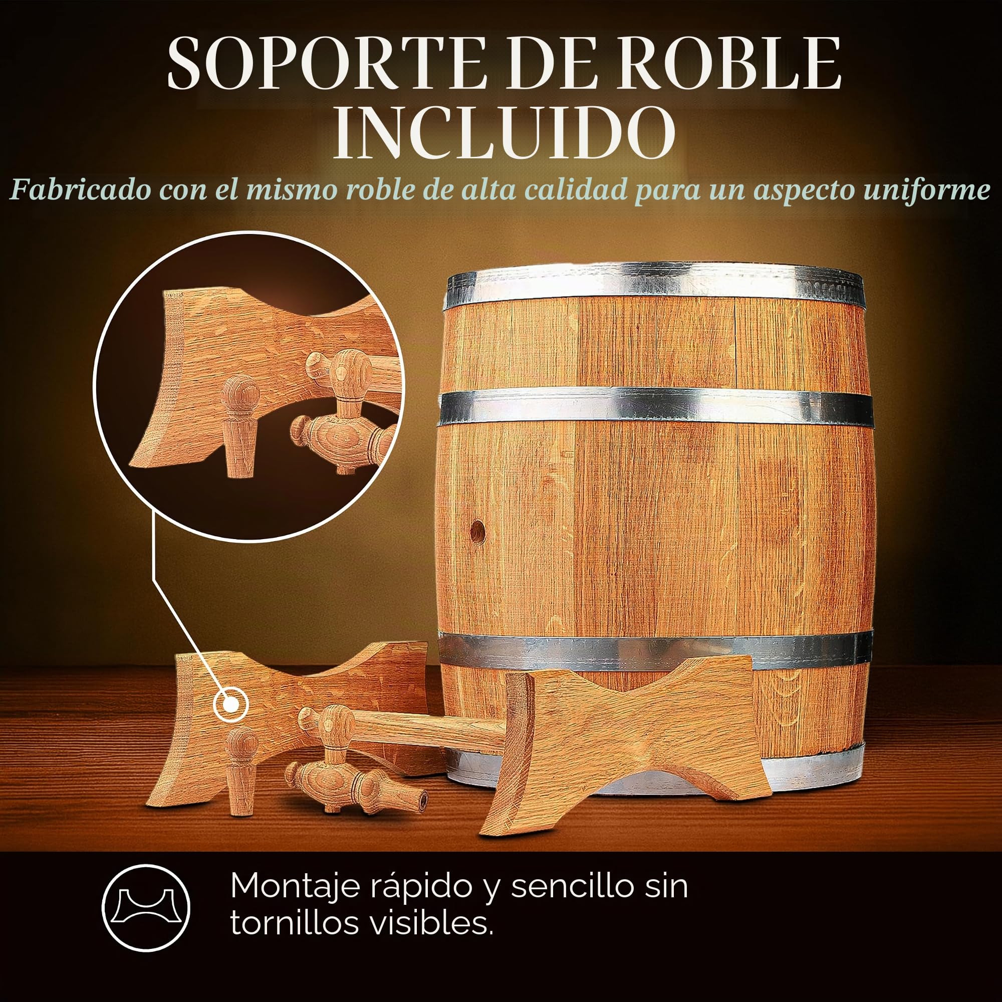 Barril de madera de roble natural 50L – Hecho a mano, ideal para vino, whisky, brandy y más, con soporte, tapón y grifo, barril de madera Barril de roble de 50 litros