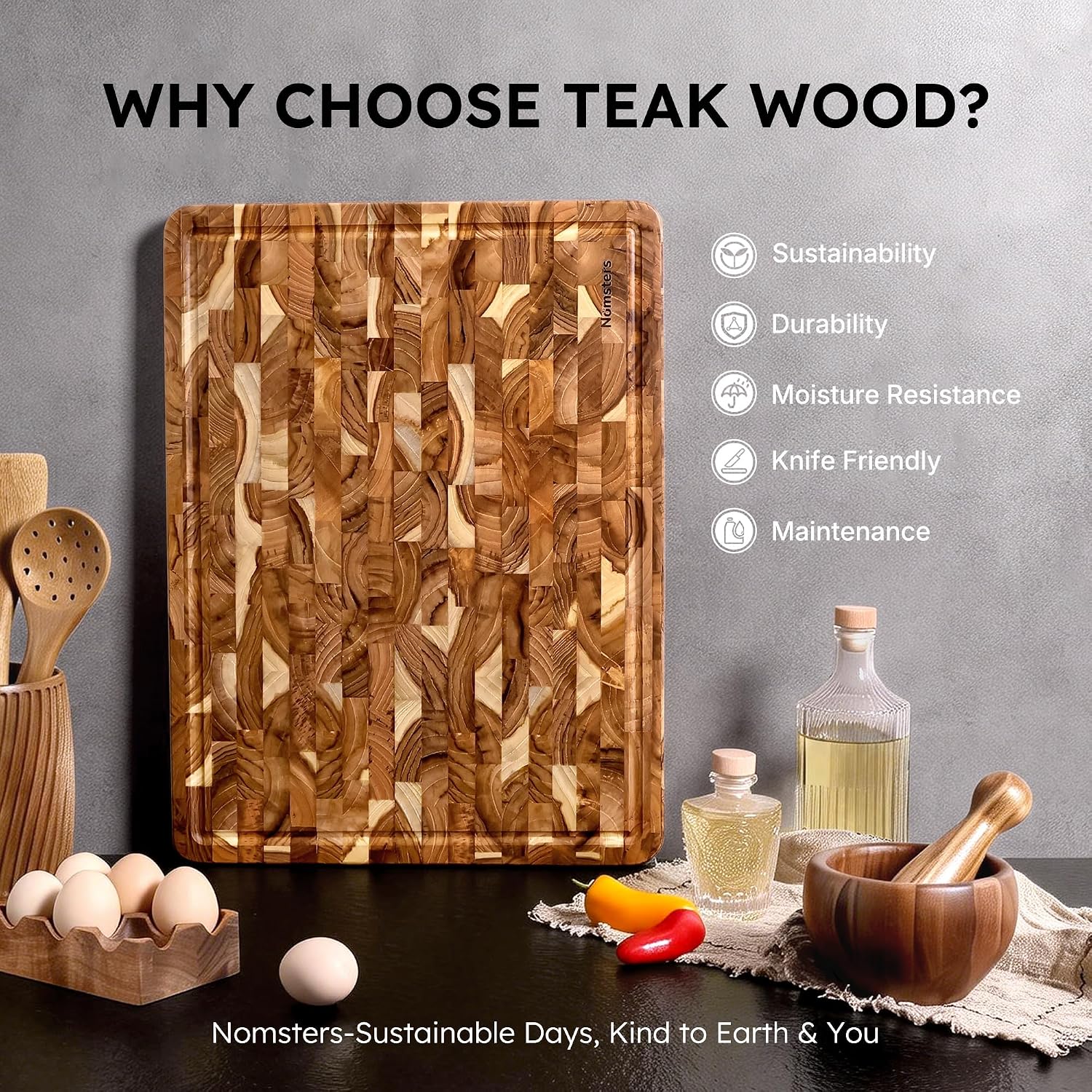 Teak Wood Extra Large End Grain Cutting Board for Kitchen with Non-slip Feet, Heavy Duty Checkered Cutting Board with Juice Groove & Handle Handcrafted Luxury Chopping Board for Meat, Vegetables