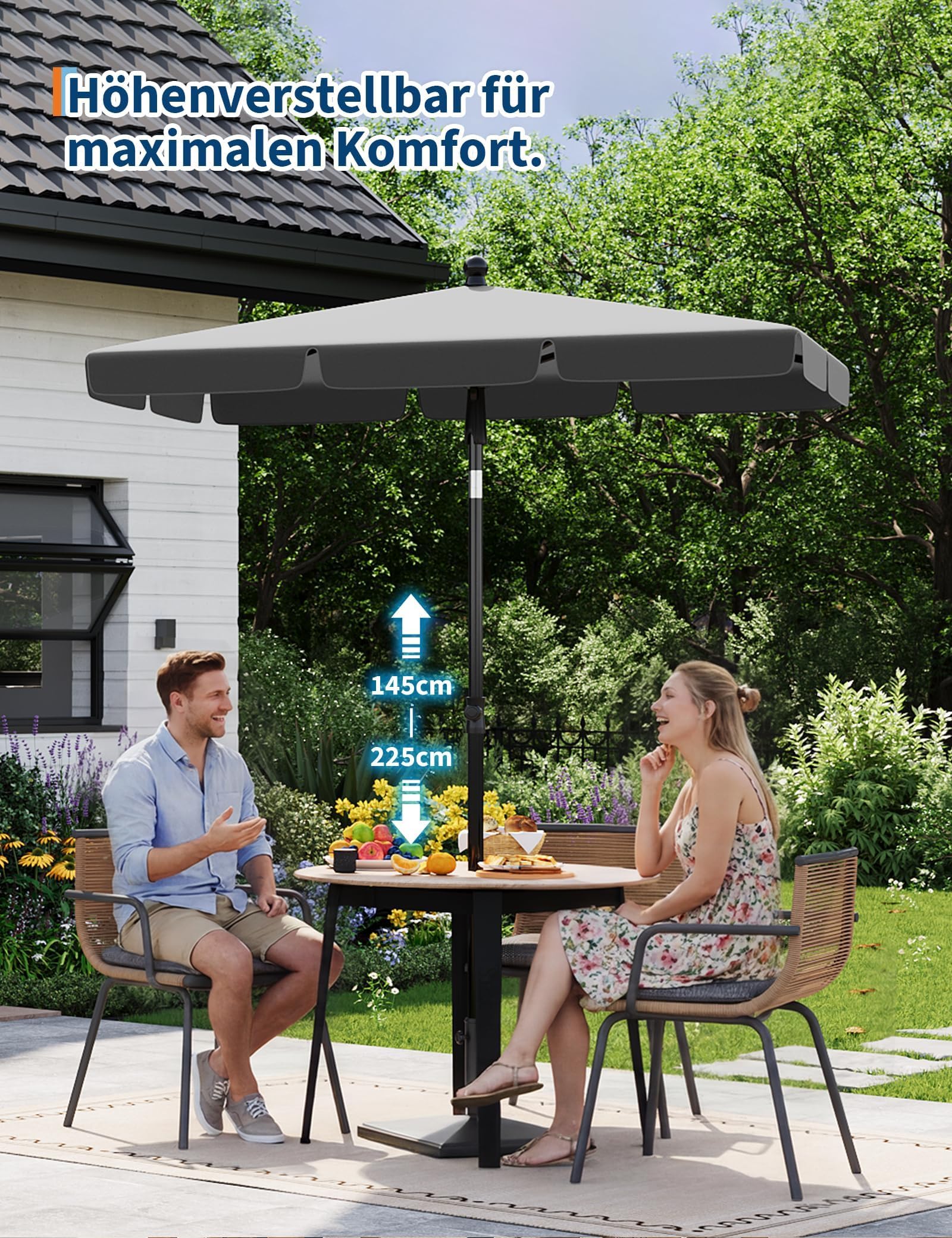 Kippbarer Sonnenschirm Rechteckig 200x125 cm Balkonschirm UPF 50+ Knickbar & Höhenverstellbar Windstabil Wetterfest Für Garten Terrasse Pool