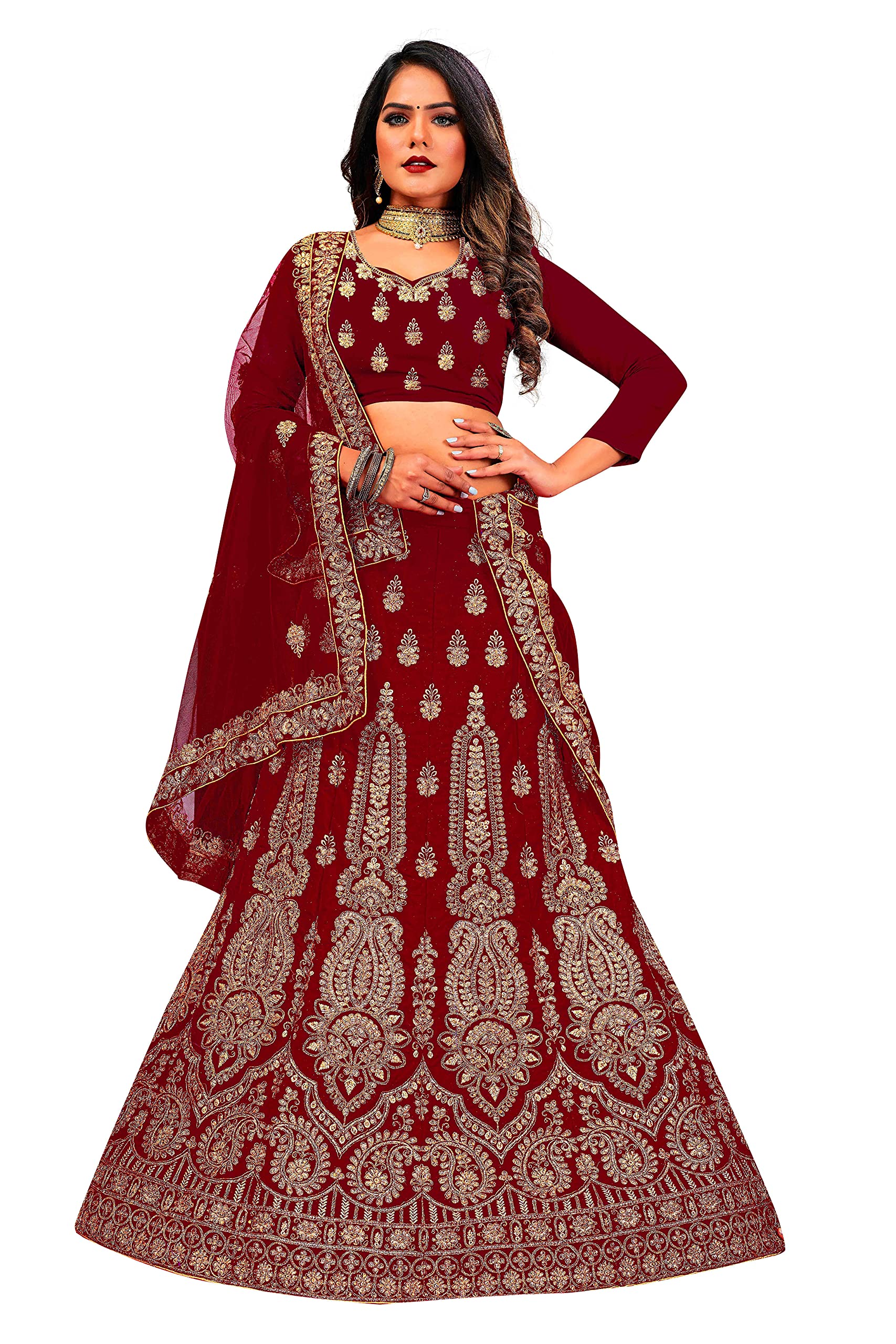 maroosh Velvet Zari Embrodiery Daimond Work Maroon Lehenga Choli With Dupatta (Free Size) MRSVELVETQN32M-picture-32