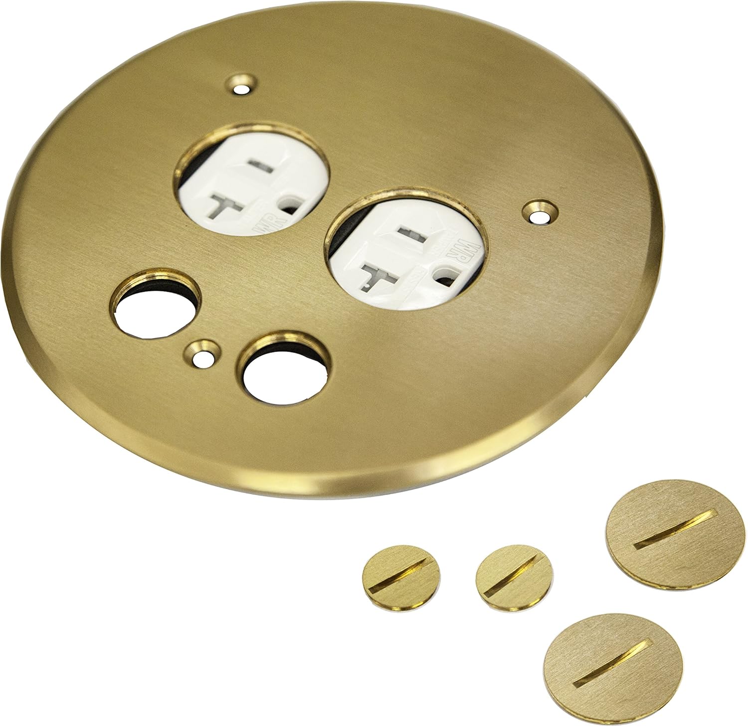 ENERLITES 705519-C Screw Cap Floor Box Cover, 5.50" Diameter, 20A Tamper-Weather Resistant Receptacle Outlet, Data Cable Holes, Watertight Gaskets, UL Listed, 975519-C, Brass