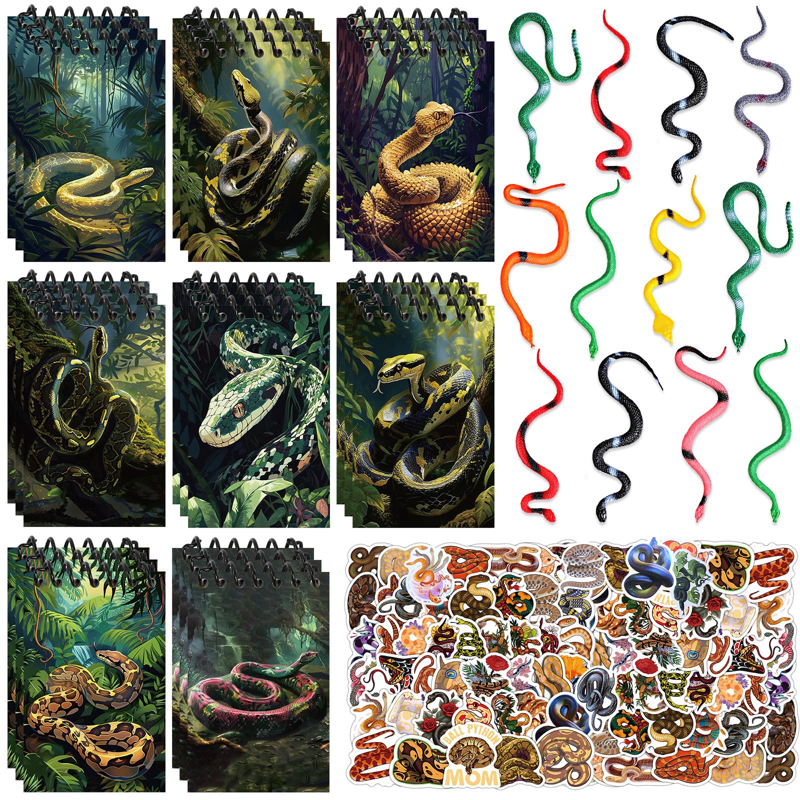 Peconal Snake Party Decorations Gifts 24PCS Plastic Rubber Snakes 24PCS Mini Notebooks 50PCS Cute Cartoon Snake Decals Stickers Gift Reward Reptile