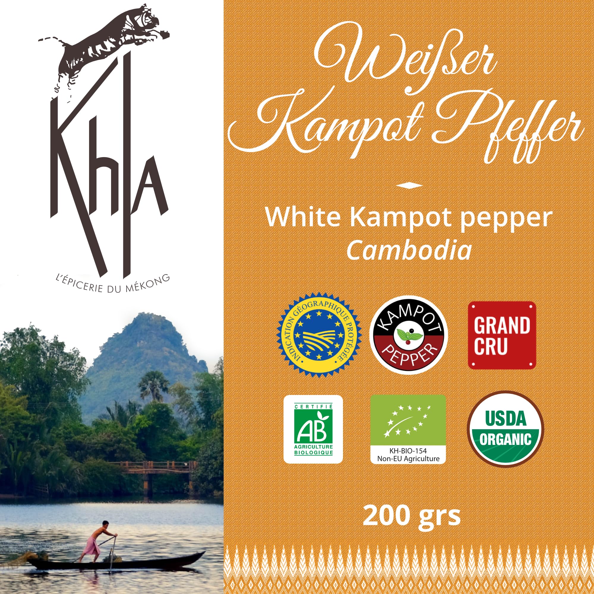 Khla - Kampot Pfeffer Weiß Bio 200g - Weißer Pfefferkörner Ganz Biologisch - Grand Cru, Stark & Kräftig - Zutat Küchen - Direkt vom Erzeuger - Weiße Körner Ganze für Mühle - Aus Kambodscha