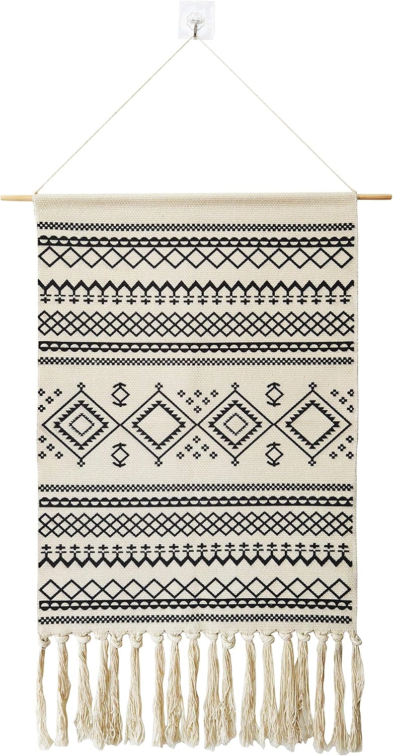 Macrame Woven Wall Tapestry Hanging Art, 20x34 H Large Boho Chic Bohemian Morocco Black White Folk-Custom Geometric Tapestries Decor for Apartment Dorm Kids Living Room Bedroom Door Entrance