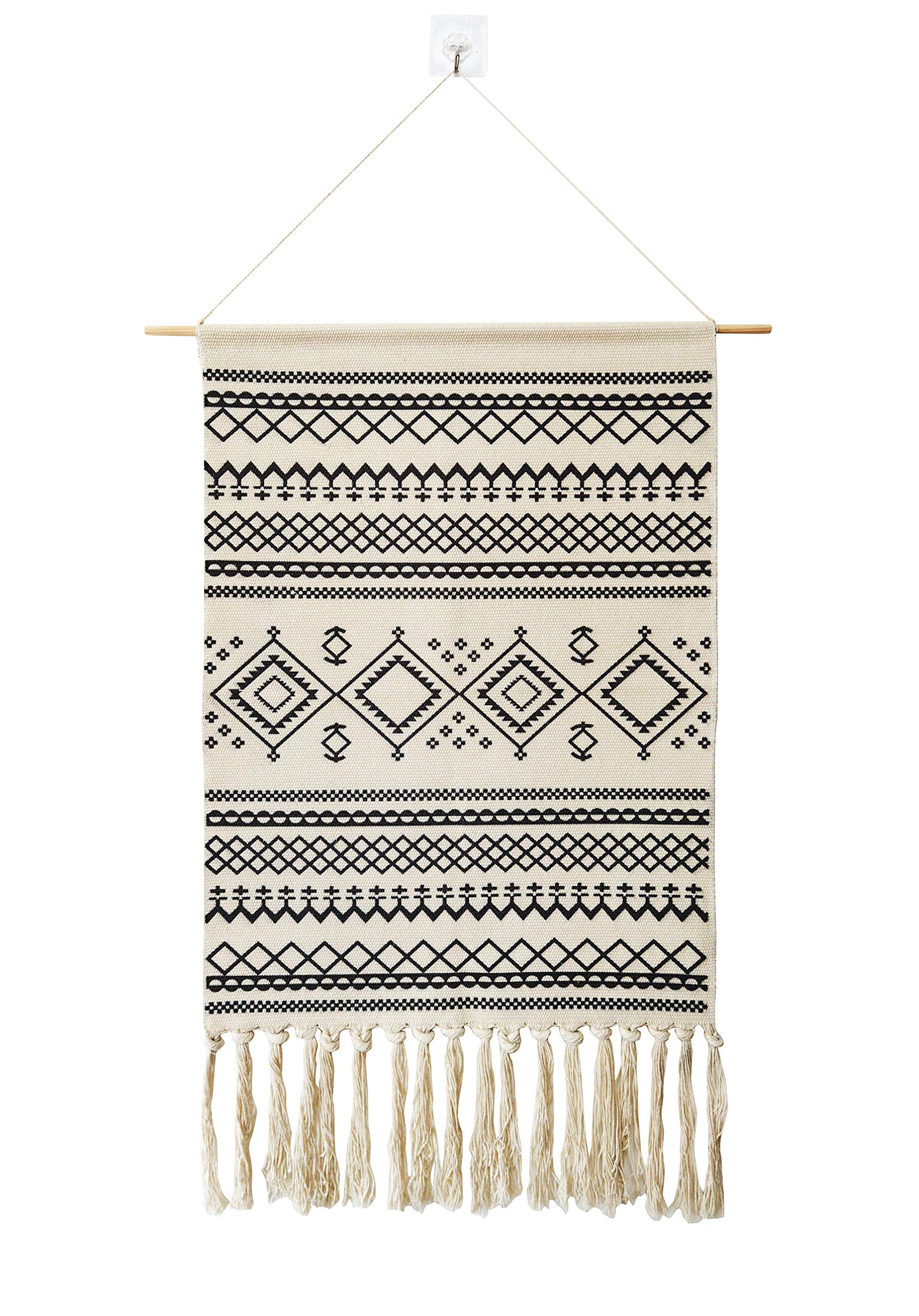 Macrame Woven Wall Tapestry Hanging Art, 19.7" W x 34" H Large Boho Chic Bohemian Morocco Black White Folk-custom Geometric Tapestries Decor for Apartment Dorm Kids Living Room Bedroom Door Entrance