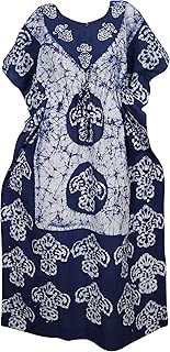 Mogul Interior Womens Kaftan Maxi Dress,Dark Blue Batik Print Loose Fitting Caftan 2XL