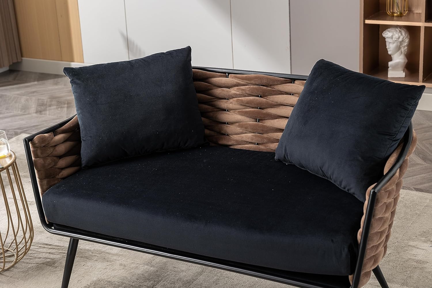 Wide Accent Chair Velvet Loveseat for Living Room, Modern Upholstered Armsofa Tufted Sofa with Gold Legs, Special Woven Back Leisure Sofa for Bedroom Office Balcony (Black)