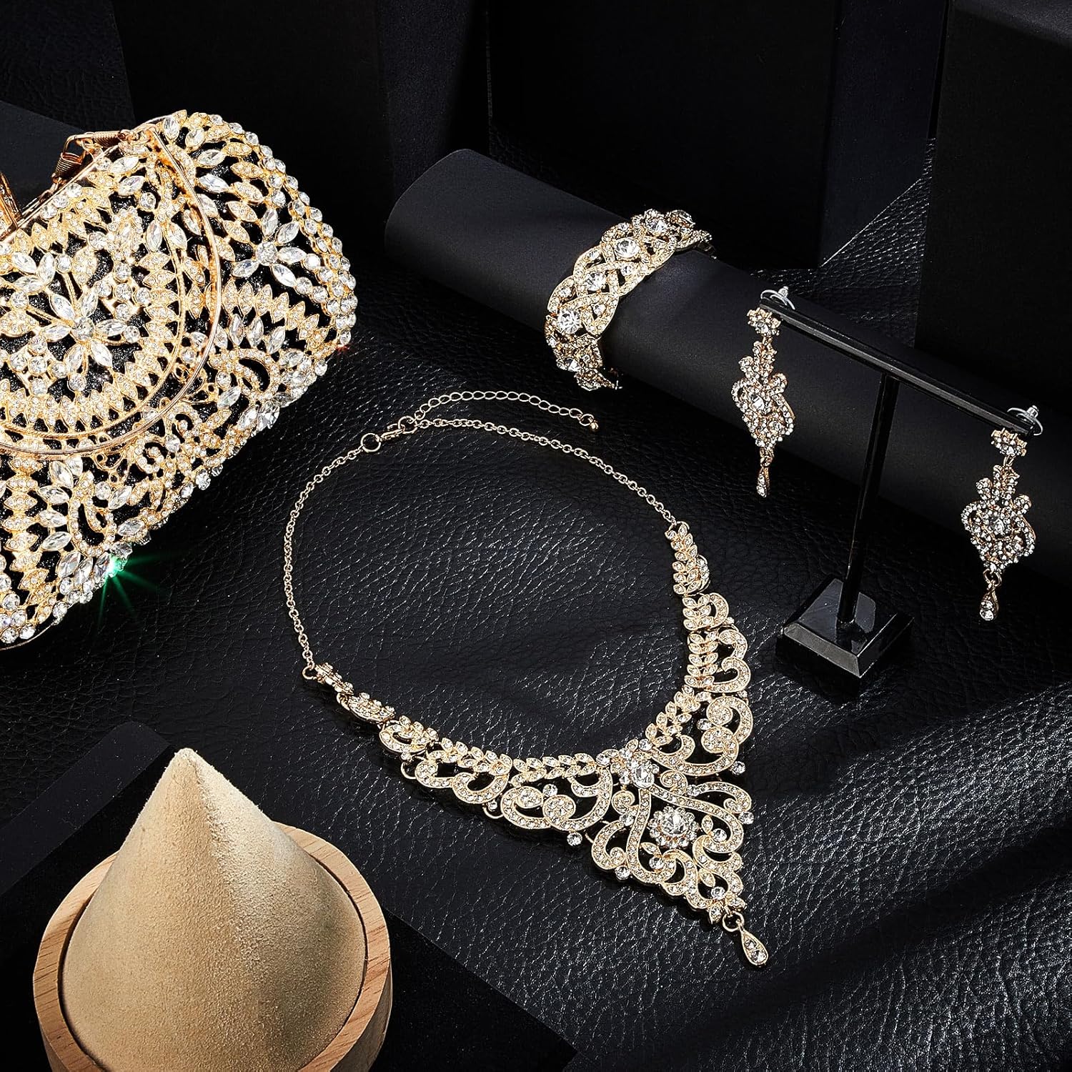 Quelay 4 Pcs Purse Rhinestone Jewelry Set Evening Clutch Bag Bling Crystal Necklace Dangle Earrings Bracelets Accessories - Image 5