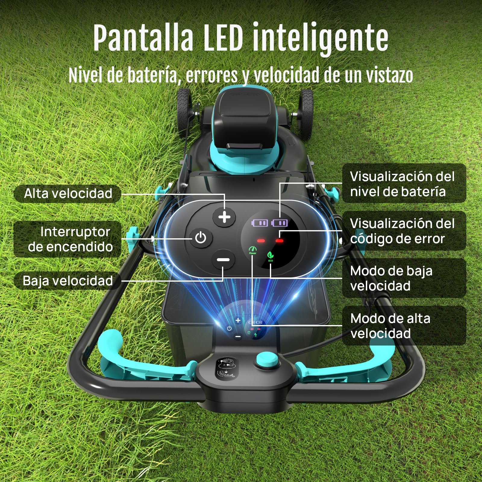 YARDCARE Cortacesped Electrico(Hasta 675㎡, 36V, Ancho de Corte 41cm)Cortacesped Bateria con Ajuste de Altura de 7Etapas, Kit de Mulching&Bolsa de Paja de 45L, Mango Ajustable, Pantalla LED, Cargadores