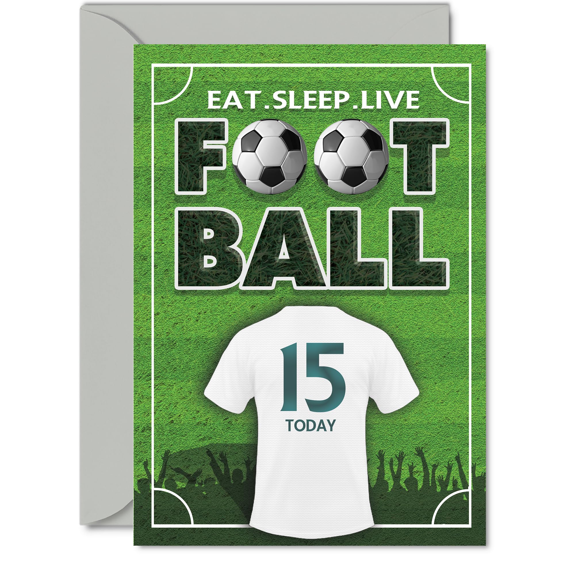Playful 15th Birthday Card - Eat Sleep Live Football - Bold Green Pitch Backdrop with Striking Jersey and Number 15 - A5, Envelope Included