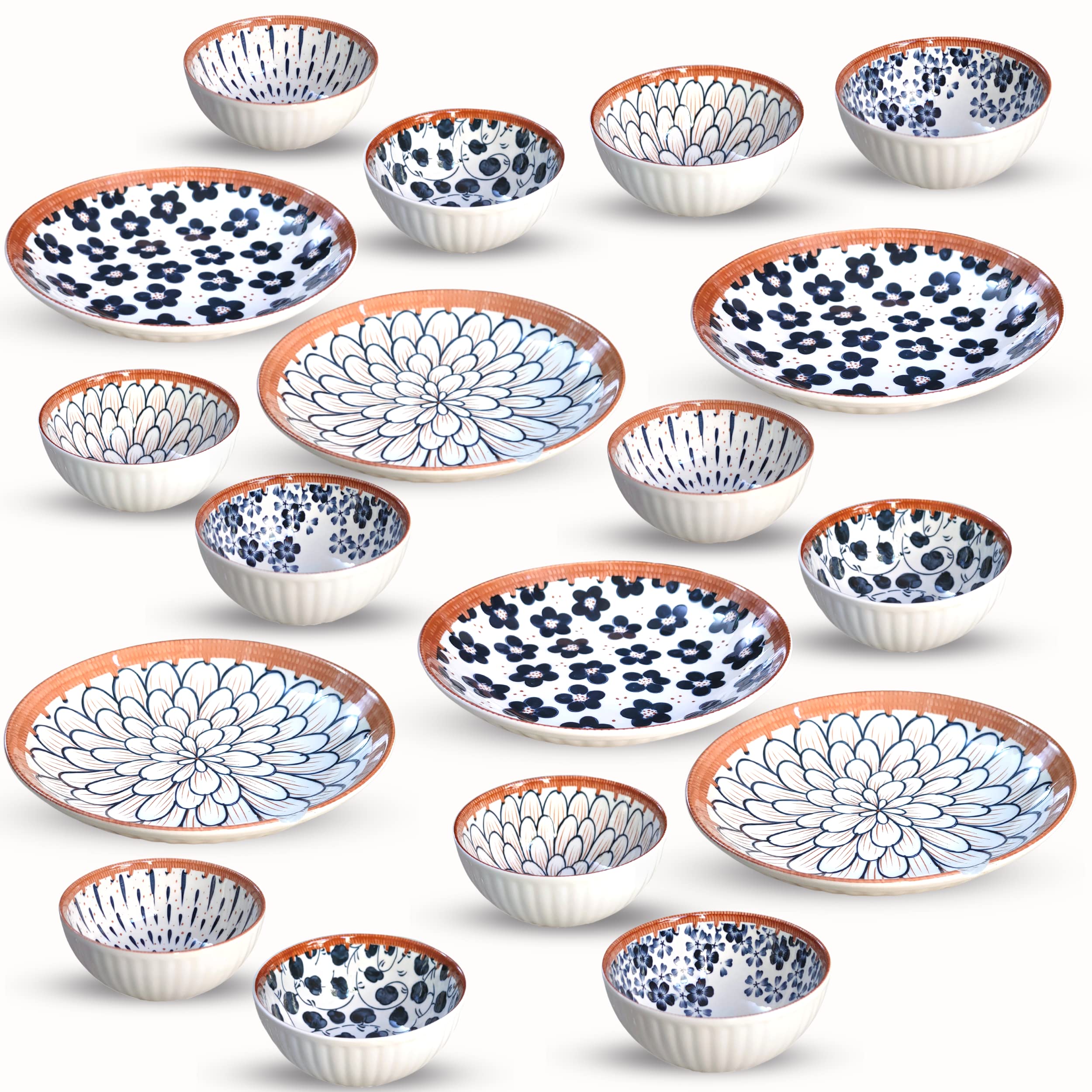 Japanese Ramen Porcelain Dinner Set – 12 Floral Multicolor Serving Bowls & 6 Plates | Microwave Safe | Elegant Dinnerware for Lunch, Dinner, and Festive Gifts (Set of 18)