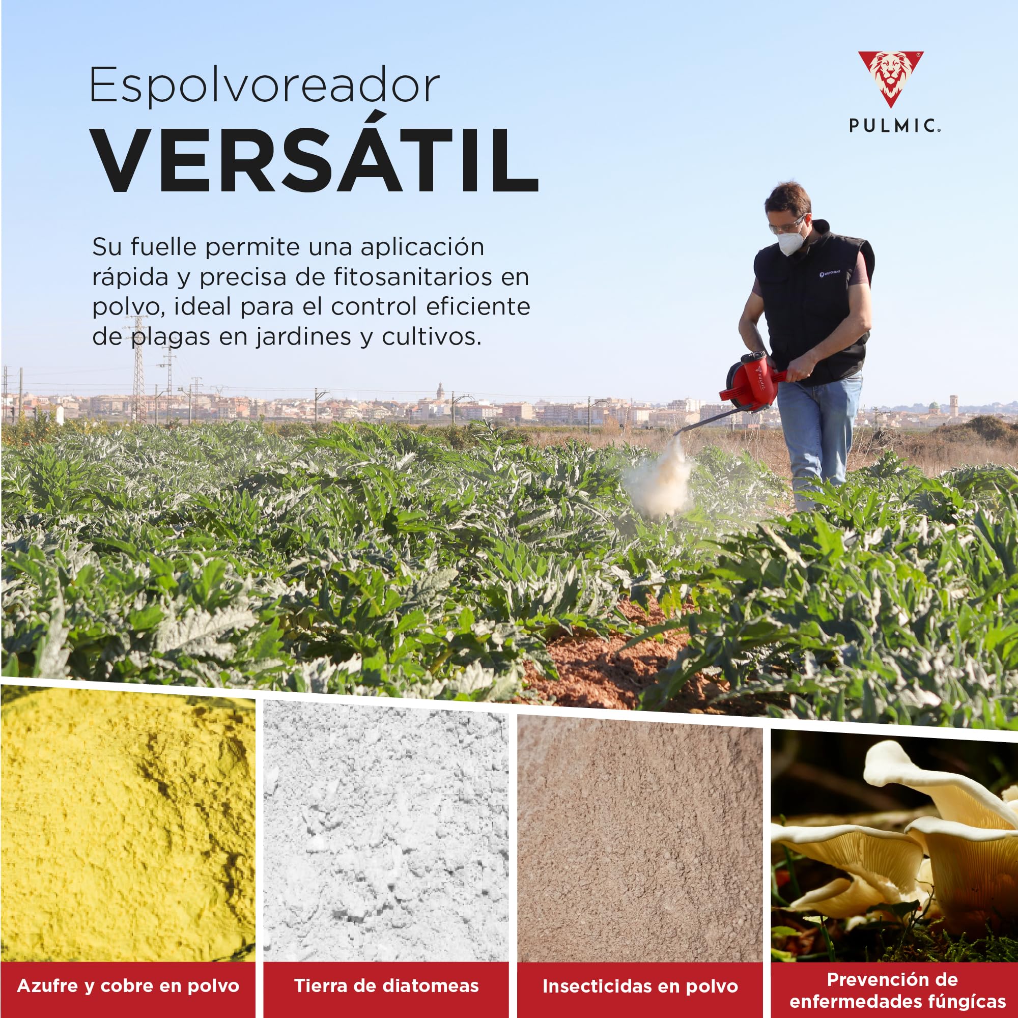 Espolvoreador Azufre, Tierra de Diatomeas e Insecticidas .Pulverizador de Polvo con Agitador, Boquilla y Tubo Orientable .Fuelle para Fumigar Polvo con Agitador. Azufradora 1,5kg Fabricado en España