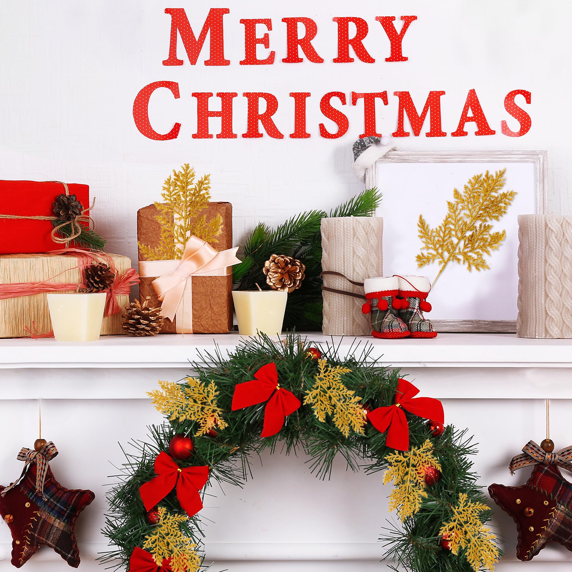 Sggvecsy Christmas Glitter Artificial Pine Needles Fake Floral Twig Picks Pine Stem Faux Christmas Tree Branches for Christmas Embellishing DIY Garland Wreath Home Garden Decoration (Gold, 30 Pcs)