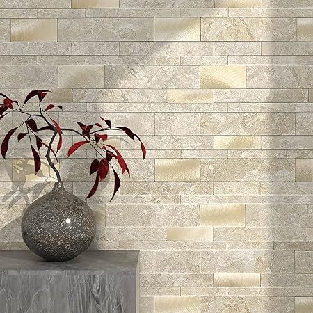 BeNice Peel and Stick Backsplash Tile for Kitchen Peel and Stick,Bathroom Waterproof Backsplash Linear Mosaic Tile(Beige,5PCS)