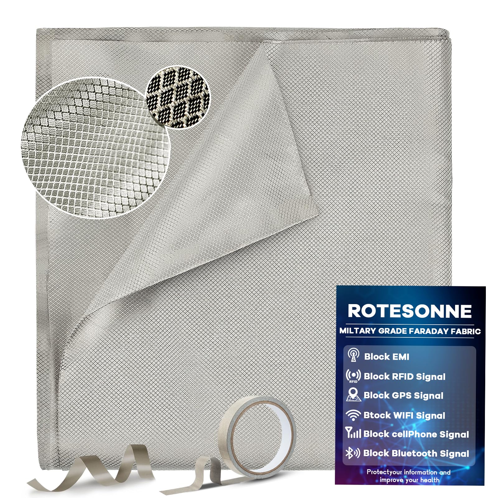 Faraday Fabric 43” x 118”, Military Grade Signal Blocking Cloth Shields, Conductive Material Cover for WiFi, Cell, Bluetooth, RFID, EMP Protection with Faraday Tape