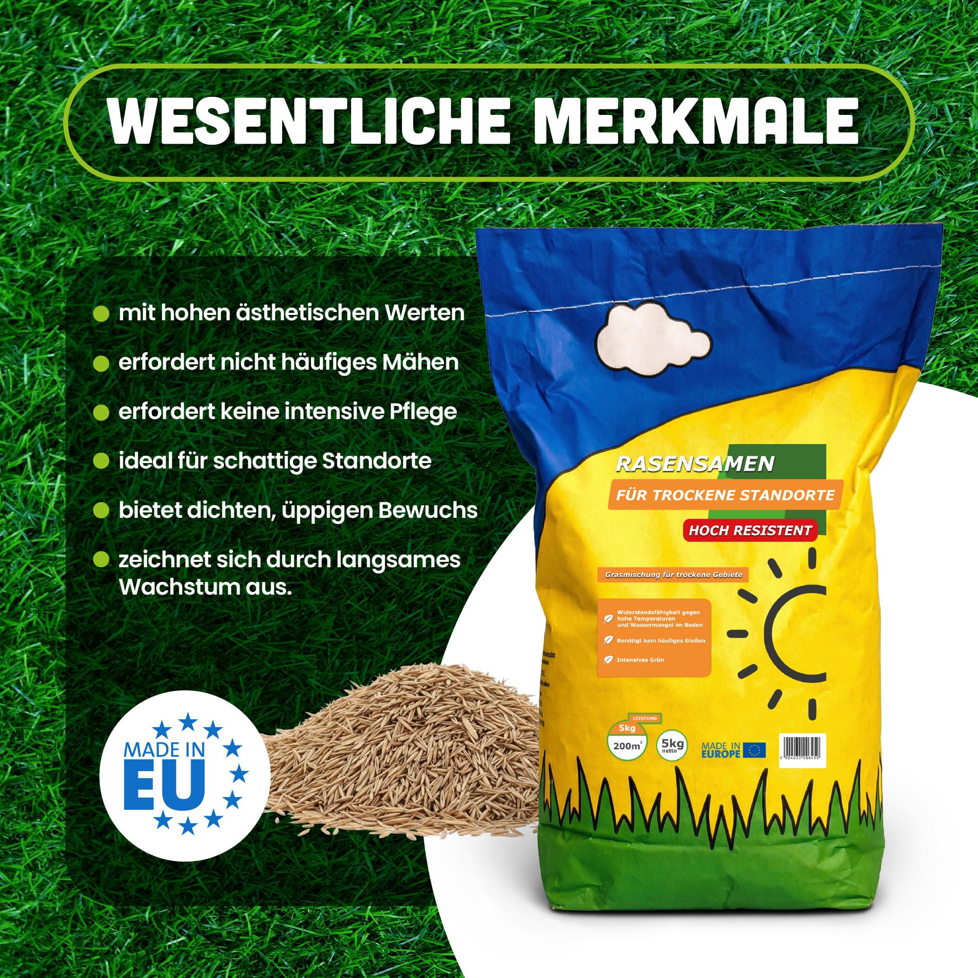Rasensamen 5kg für Trockenrasen & Schattenrasen für 200m² - Samen Trockenheitsresistente - Rasen schnellkeimend - Grassamen verbraucht 20% weniger Wasser - Robust Gras - Samen für Neuansaat & Nachsaat