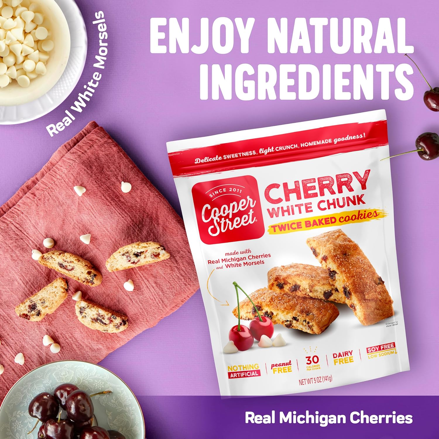 Cooper Street Italian Biscotti Cookies - Twice Baked Biscotti Style Cookie Biscuits in Delicious Cherry White Chunk Flavor | Crispy, Light and Healthy Cookies | Peanut & Dairy Free | 5oz | 4 Pack