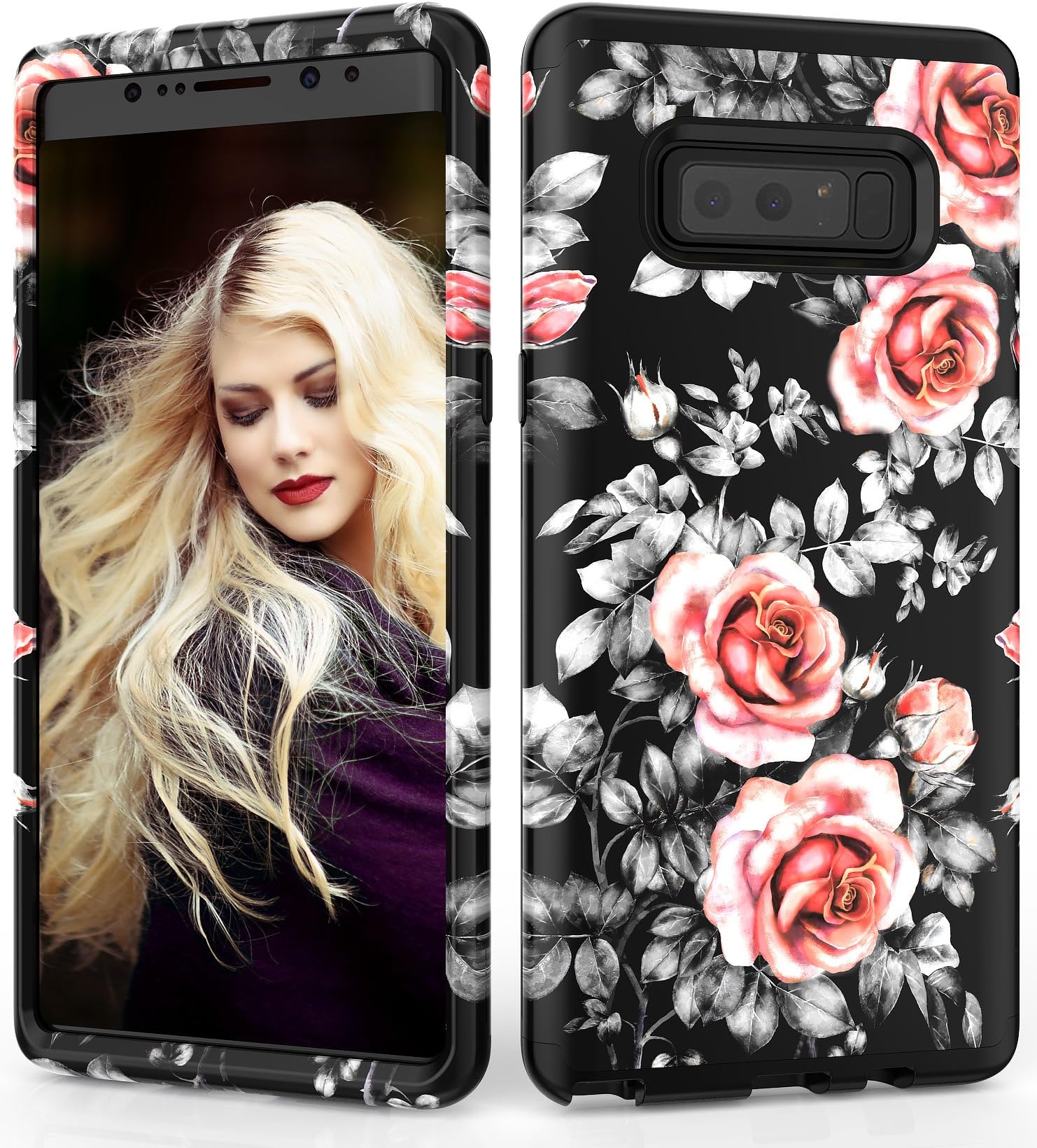 Samsung Galaxy Note 8 Case, Adcoog [Flower] Three Layers Heavy Duty Case for Girls/Women Hybrid Protective Floral Case for for Samsung Note 8 (Black+Flower 5)