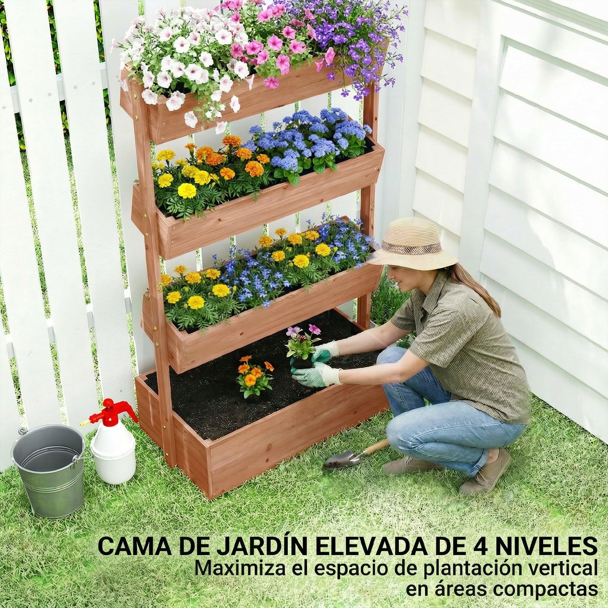 Outsunny Jardinera de Madera de 4 Niveles, Jardinera Exterior Elevada con Orificios de Drenaje y Tela no Tejida, Macetero para Cultivos, Plantas, Flores, para Terraza, Jardín, 85x45x140 cm, Marrón