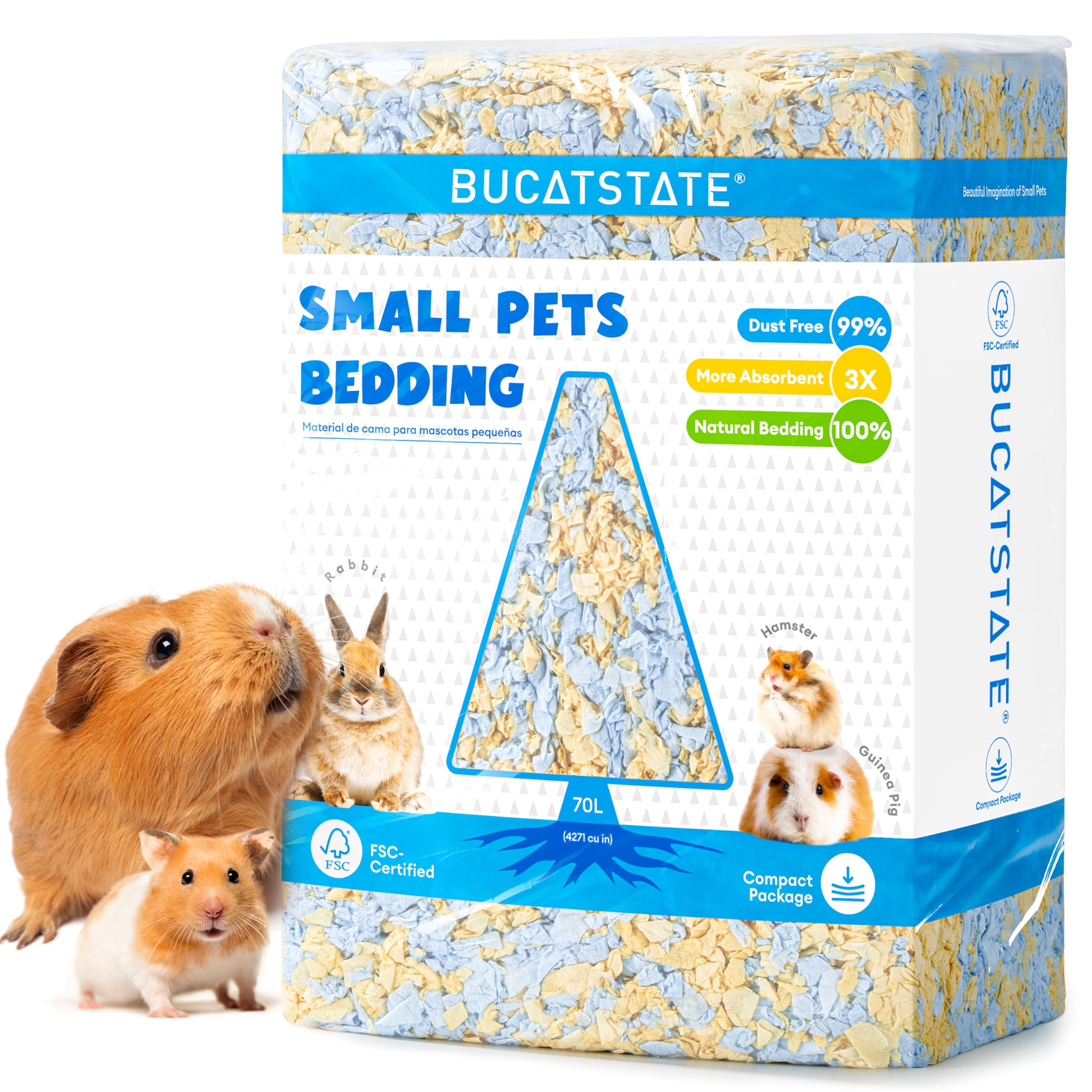 BUCATSTATE Hamster Bedding 70L, Truly 99% Dust-Free Small Animal Paper Bedding Odor Control, Soft Gerbil Litter for Guinea Pig Rabbit Rat Syrian Dwarf Hamsters (Beach Day)
