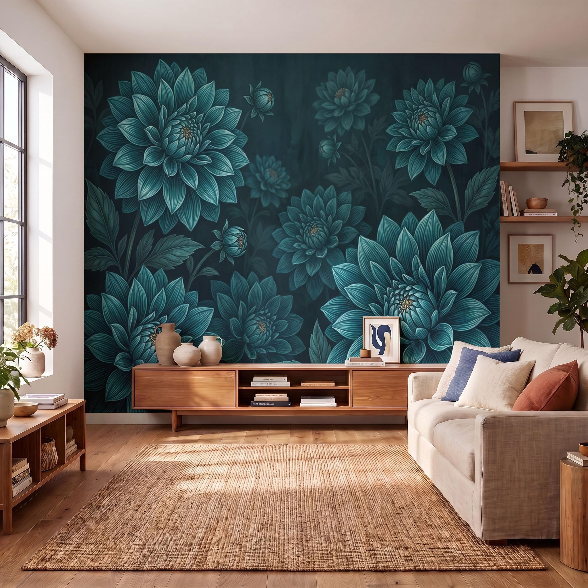 Papier Peint Panoramique 400X280Cm Paysage Mystérieux De Dahlias | Cyan Foncé Papier Peint Intissé Tapisserie Poster Décoration Murale Pour Salon Chambre - Plantes Rétro 3D