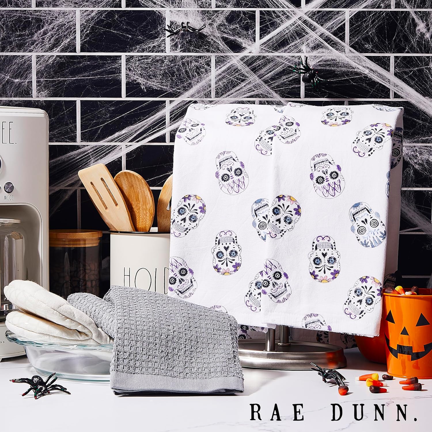 Rae Dunn Set of Hand Towels for Kitchen and Bathroom, 100% Cotton, Embroidered Dish Towels, Decorative Hand Towels, Skulls/Gray, 3 Pack - Image 2