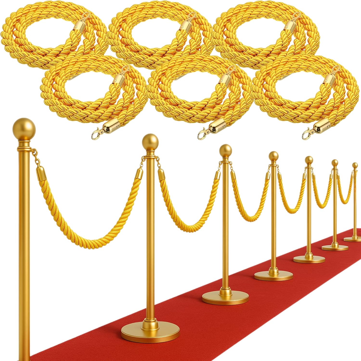 6PCS Gold Braided Rope - 5FT Elegant Rope for Stanchion Barrier VIP Events Crowd Control Safety Divider for Red Carpet Weddings Parties and Special Occasions Durable and Stylish Design