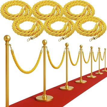 6PCS Gold Braided Rope - 5FT Elegant Rope for Stanchion Barrier VIP Events Crowd Control Safety Divider for Red Carpet Weddings Parties and Special Occasions Durable and Stylish Design