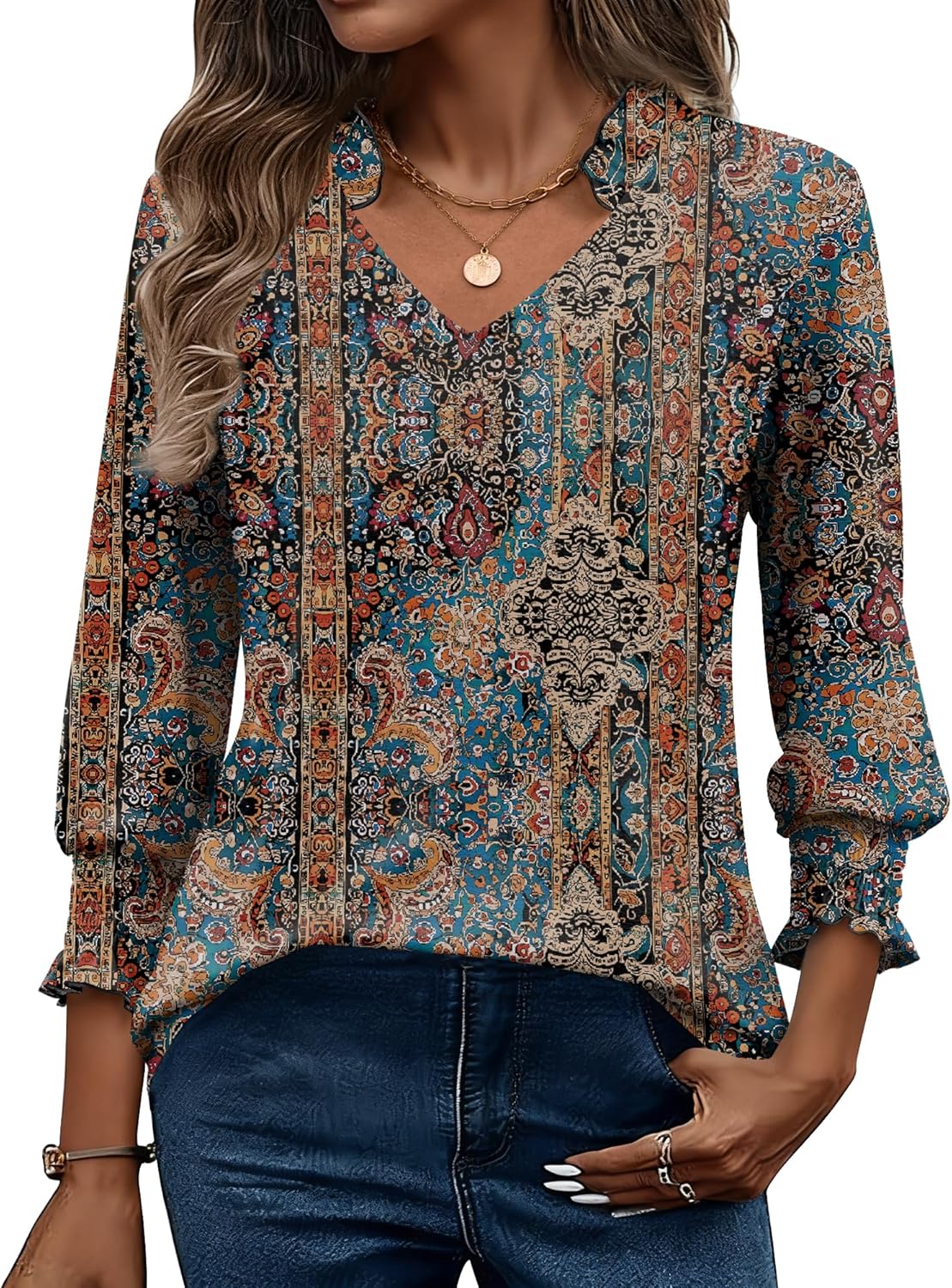 Kistore Tops for Women Dressy Casual 3/4 Length Sleeve Blouses with Pleated Cuffs 2026 Trendy Shirts - Image 2