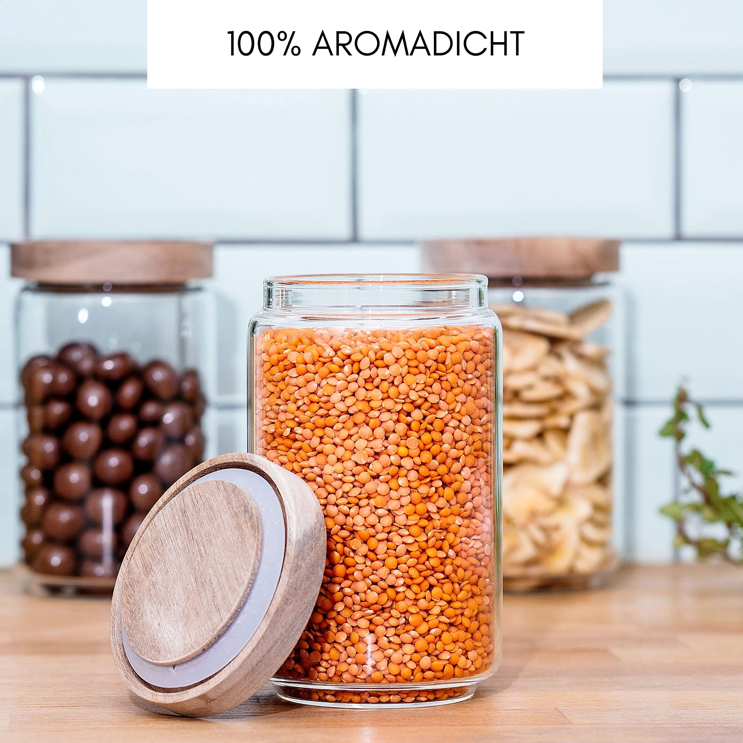 Econovo Set di 3 contenitori in vetro con coperchio, 700 ml, impilabili | Barattoli impilabili in vetro borosilicato, coperchio ermetico in legno, adatti per zucchero, tè, granola e riso