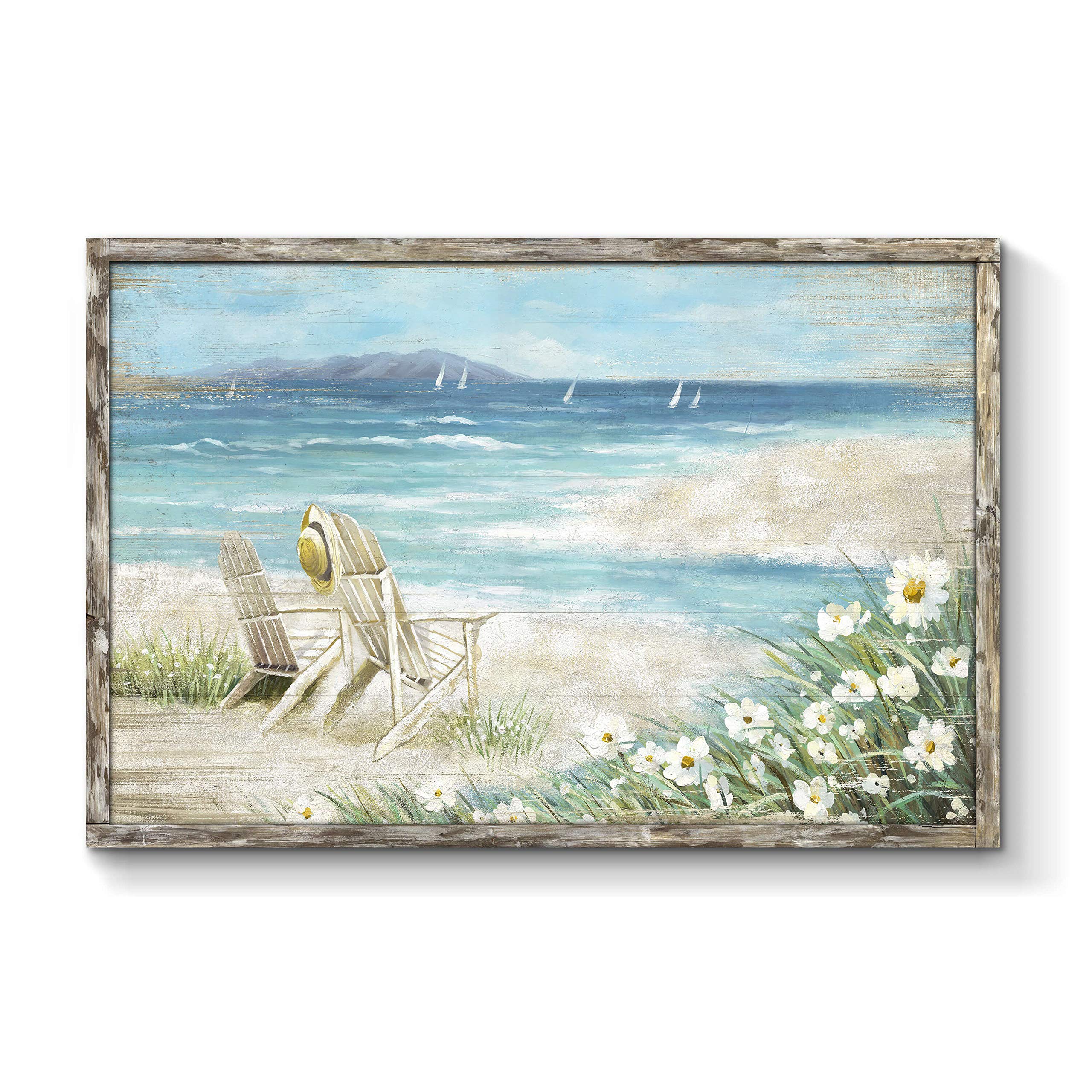 Abstract Beach Framed Painting Artwork: Seaside Chair Wall Art Seascape Hand Painted Painting for Vacation Villa (45" W x 30" H, Multiple Sizes/Material)