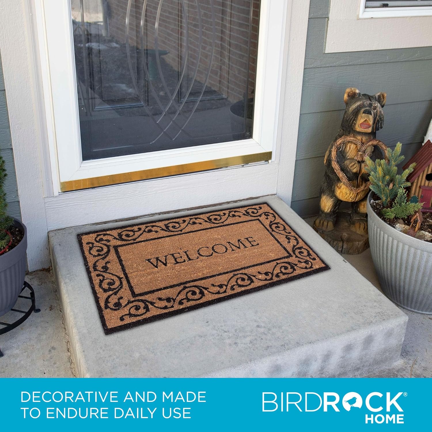 BIRDROCK HOME Welcome Coir Doormat with Scroll Border | 18 x 30 Inch | Standard Welcome Mat with Black Decorative Border | Natural Fade | Vinyl Backed | Outdoor