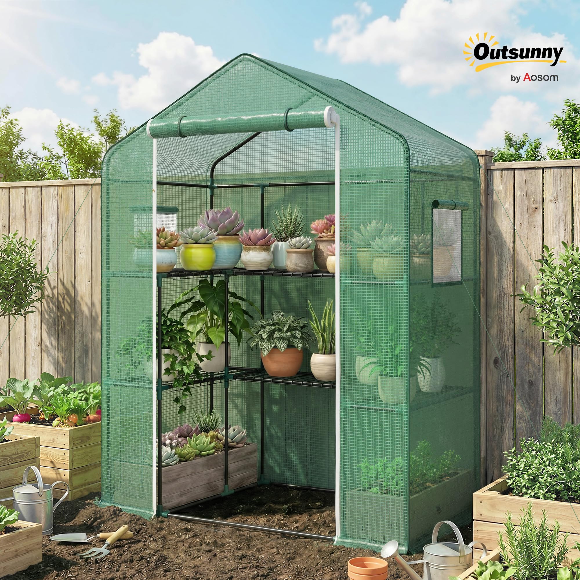 Outsunny Serre de Jardin PE avec Étagères 3 Niveaux 140x73x190 cm Vert | Serre de Balcon, Bâche Renforcée 135 g/m², Châssis en Acier, Porte Zippée Enroulable, pour Légumes Plantes Fleurs