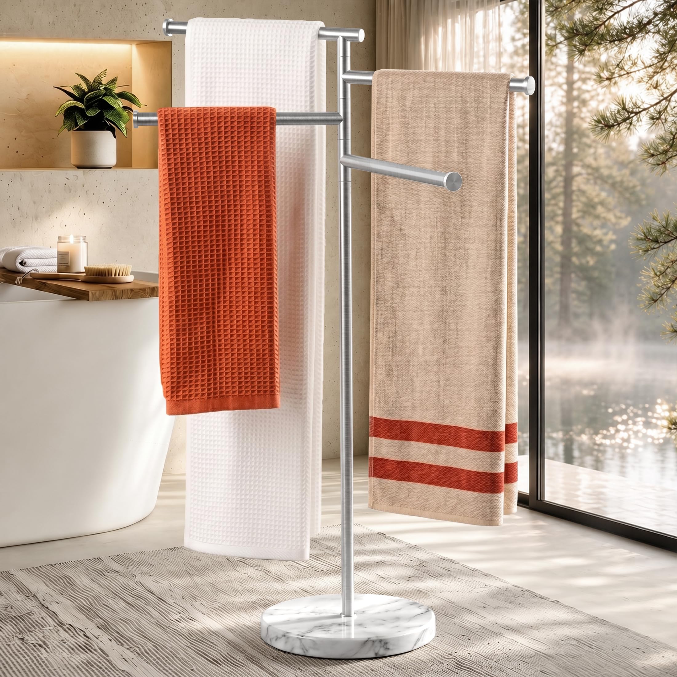 KES Toalleros de Pie Toallas Baño 4 Barras Giratorio con Base de Mármol Toalleros de Baño de Pie Acero Inoxidable 18/8 Toallero de Barra Cepillado, BTH219S4-2 | Base pesada de 10 libras, soporte de suelo, barras giratorias, 2,21 cm de grosor, acero SUS304