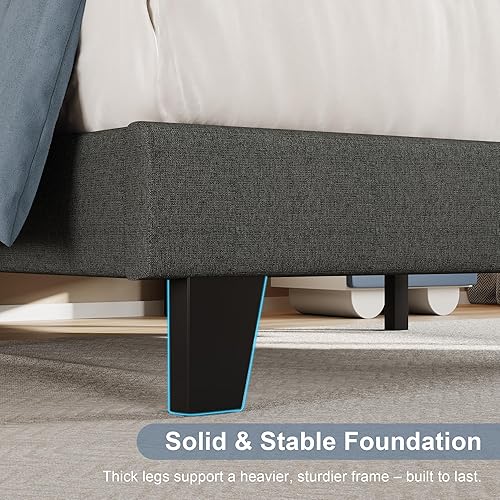 Miniatura 6 de Einhomn Base de cama tamaño individual con cabecero, base de cama tapizada de lino con listones de madera maciza, sin ruido, no necesita somier,