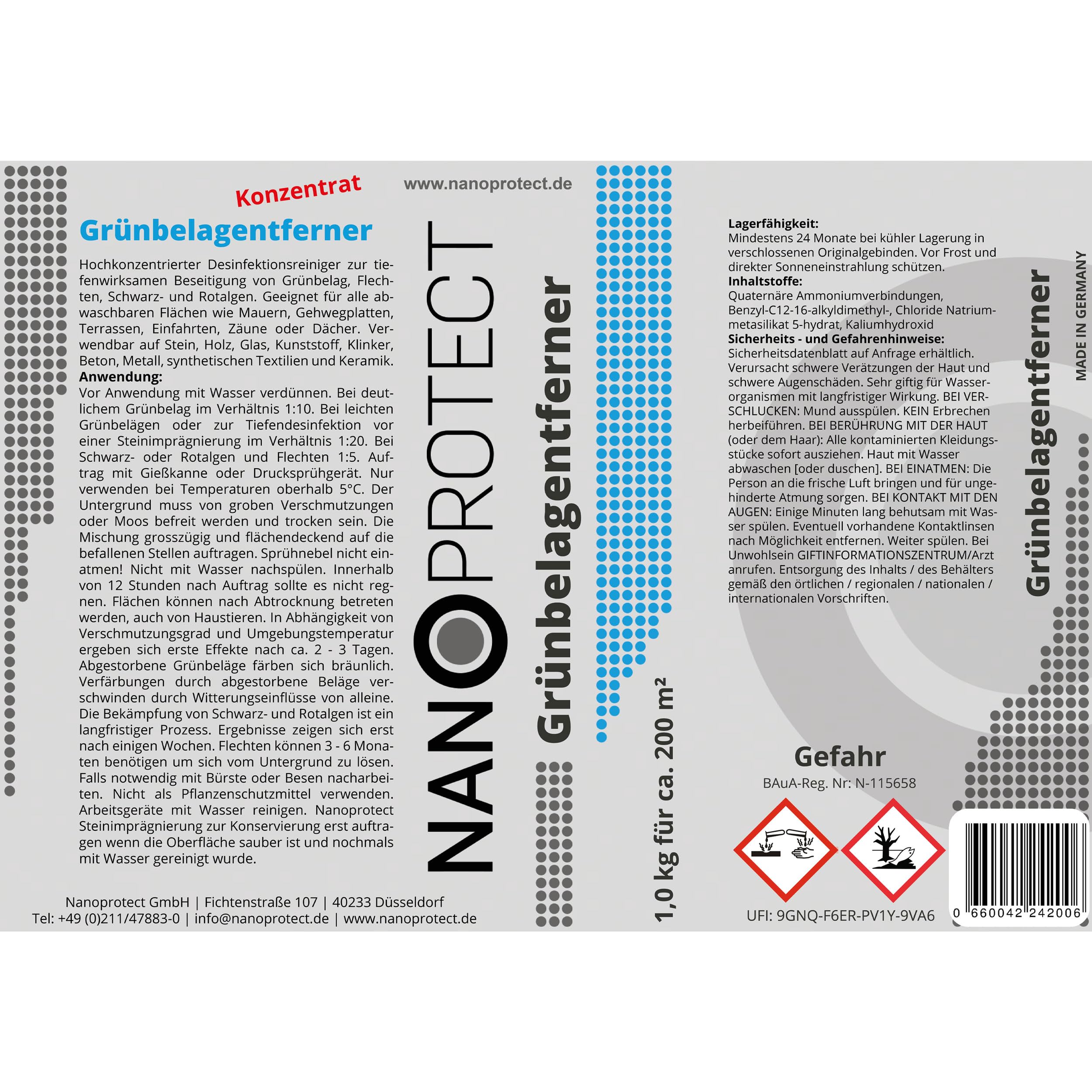 Nanoprotect Grünbelagentferner Konzentrat | 2 x 1 kg für 400 m² | Algenentferner und Flächendesinfektion | Kein Hochdruckreiniger nötig | Ideal für Pflastersteine und Gehwege