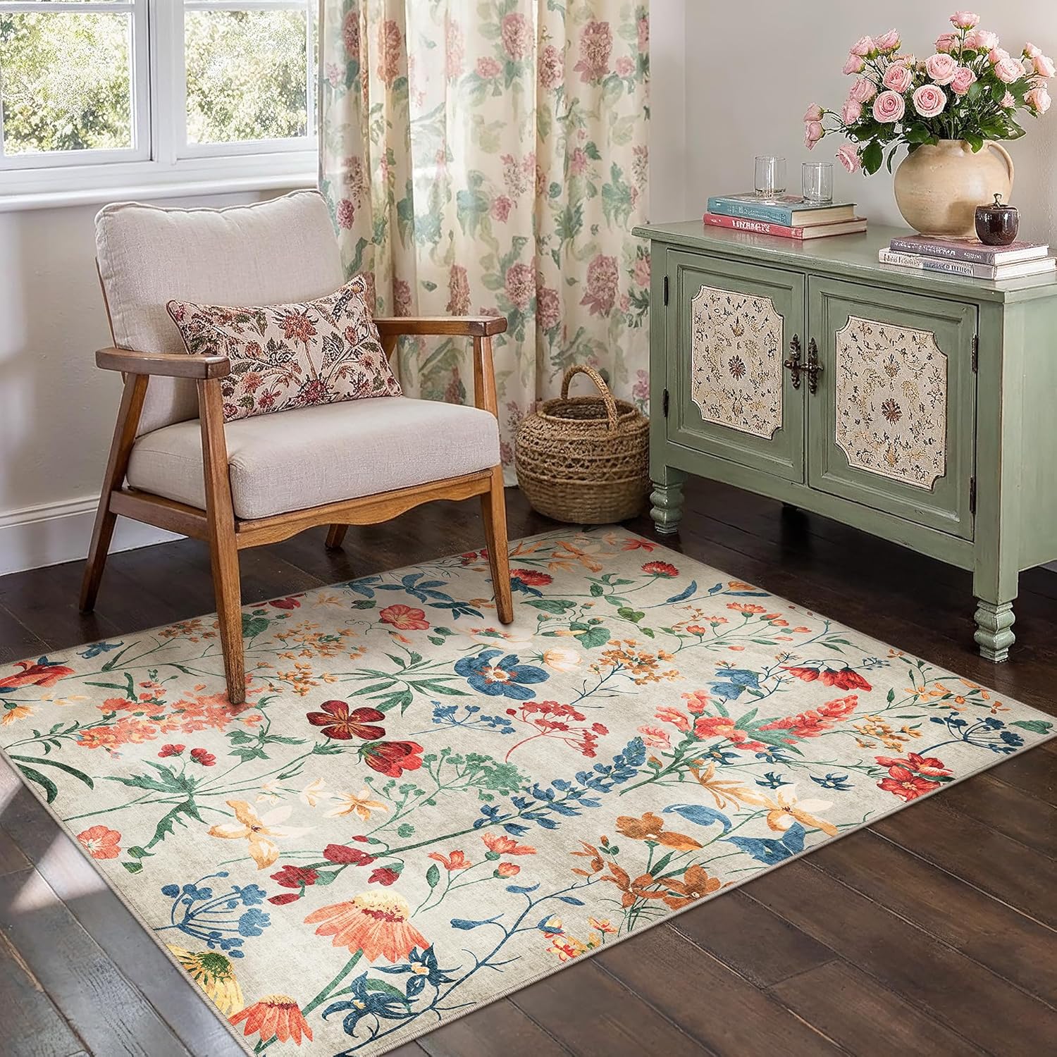 PureCozy Beige Area Rug 3x5 Office Floral Boho Door Mat Indoor Washable Kitchen Carpet Non Slip Bedroom Low Pile Lightweight Soft Throw Rug for Living Dining Room Bathroom
