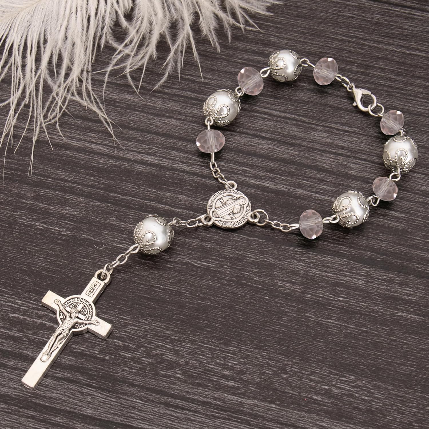 One Decade Car Rosary with St. Benedict Medal Catholic Auto Rear View Mirror Charm Pink Glass Beads Spiritual Protection Pendant Religious Car Accessories for Men and Women - Image 7