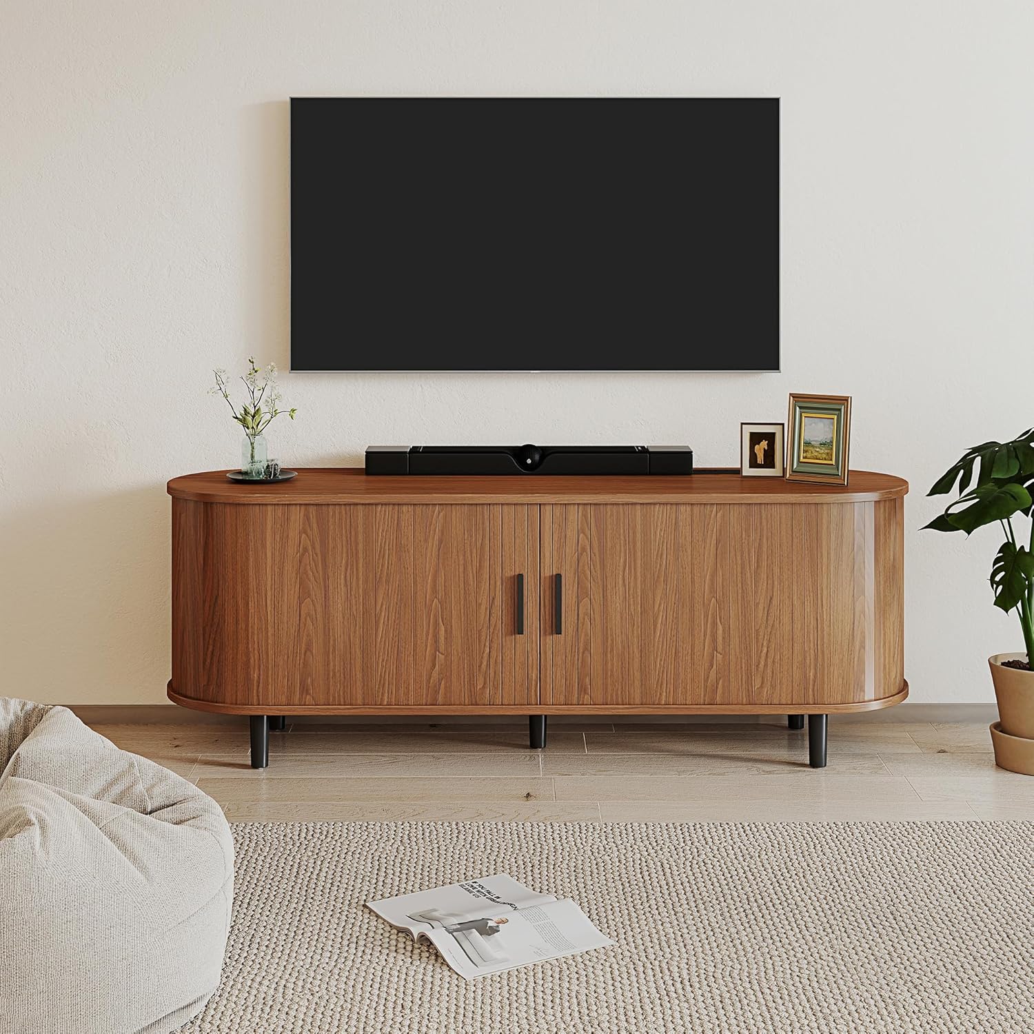 55" TV Stand with Power Outlet, Mid-Century Modern Entertainment Center with Storage and Sliding Doors for TVs up to 60 Inch, Media Console for Living Room Bedroom, Walnut