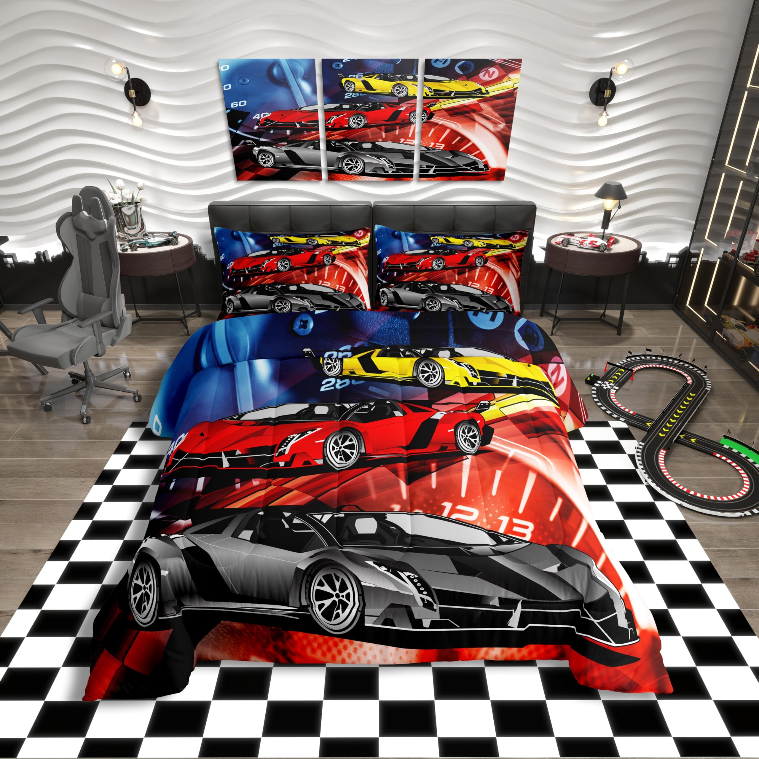Loussiesd Race Sports Car Duvet Cover Extreme Bedding Set Car Sports Competition Comforter Cover for Boys Girls Teens Decor Automobile Style Cool Bedspread Single With 1 Pillow Case