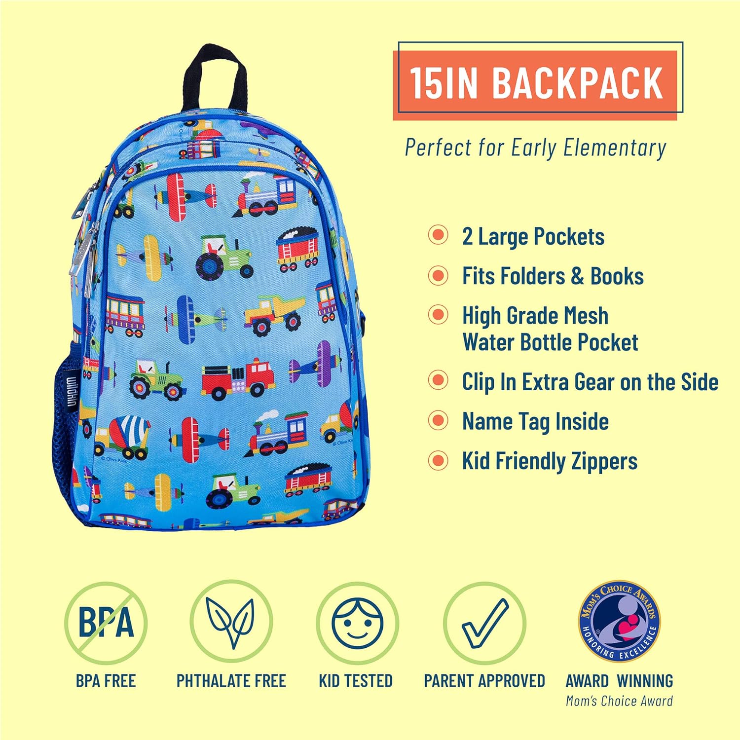 Wildkin 15 Inch Kids Backpack for Boys & Girls, 600-Denier Polyester Backpack for Kids, Features Padded Back & Adjustable Strap, Ideal for School & Travel Backpacks, BPA-free (Trains, Planes & Trucks) : Clothing, Shoes & Jewelry