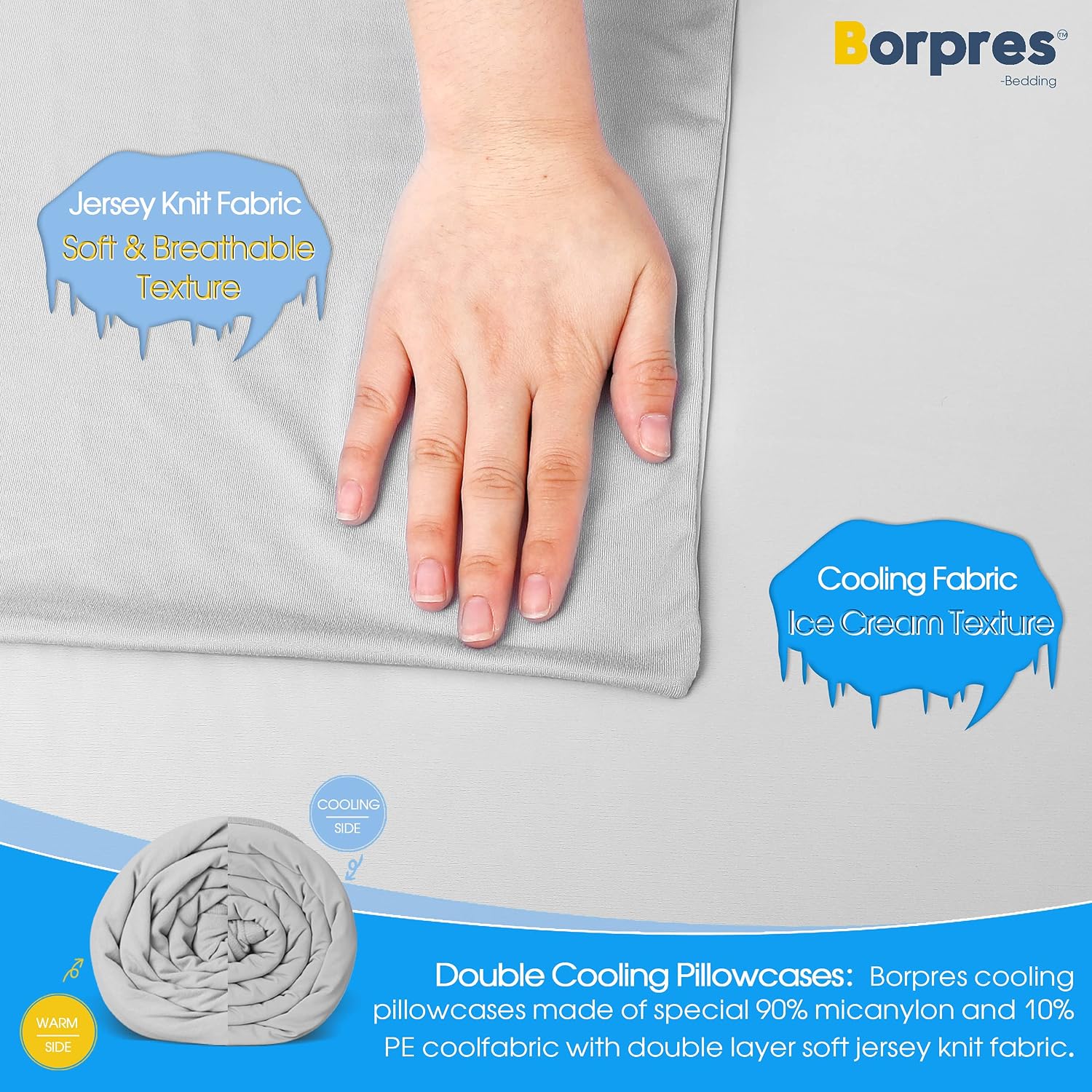 BORPRES Cooling Pillowcase,Japanese Chill-Plus Tech,Q-MAX>0.43 Cooling Fiber, Absorbs Heat Keep Cool,Double Sided Design,Idea for Hot Sleeper Night Sweats All Seasons Queen Size,Light Gray