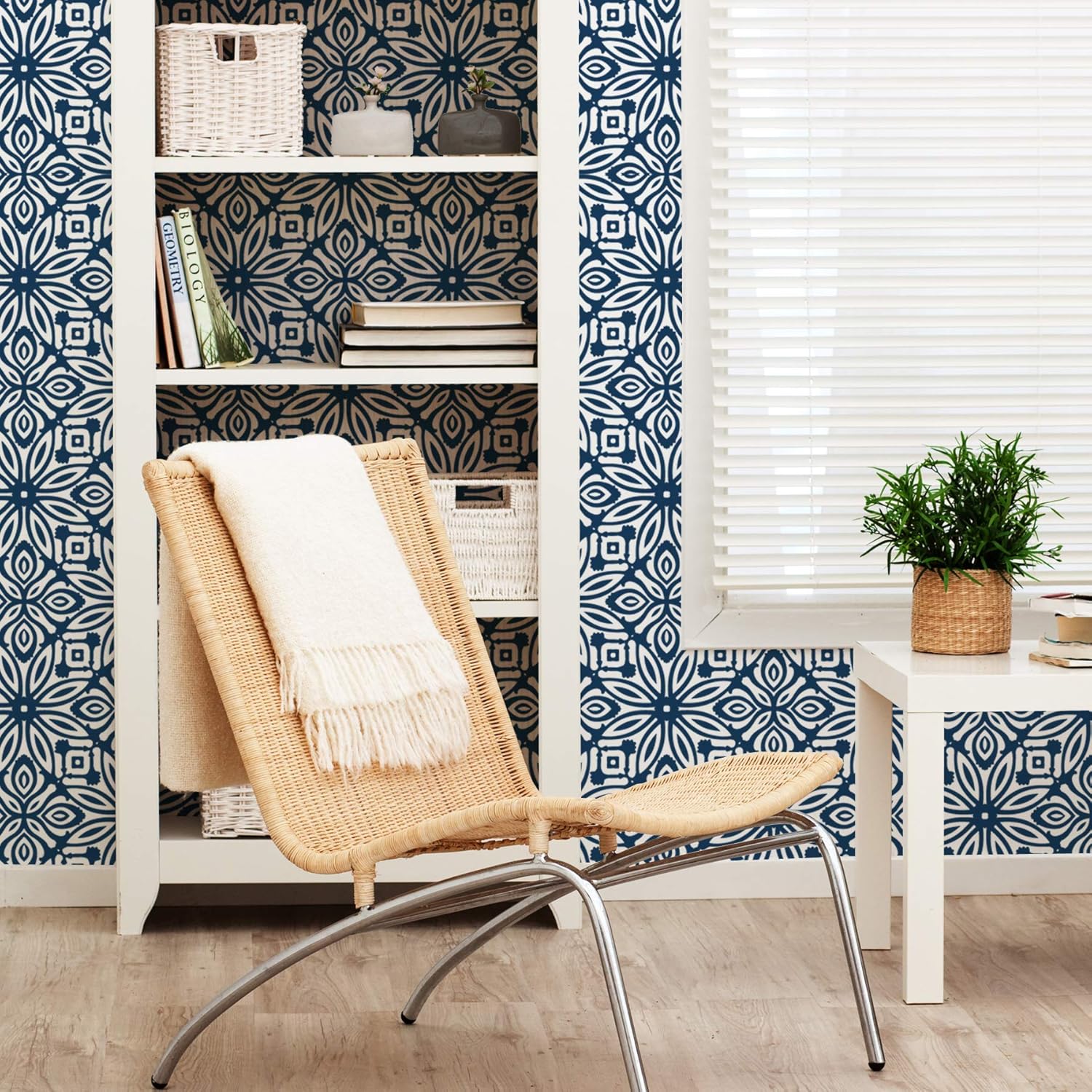 Simple Shapes GEO Flowers Wallpaper - Peel and Stick (24 x 108 inch, Navy)